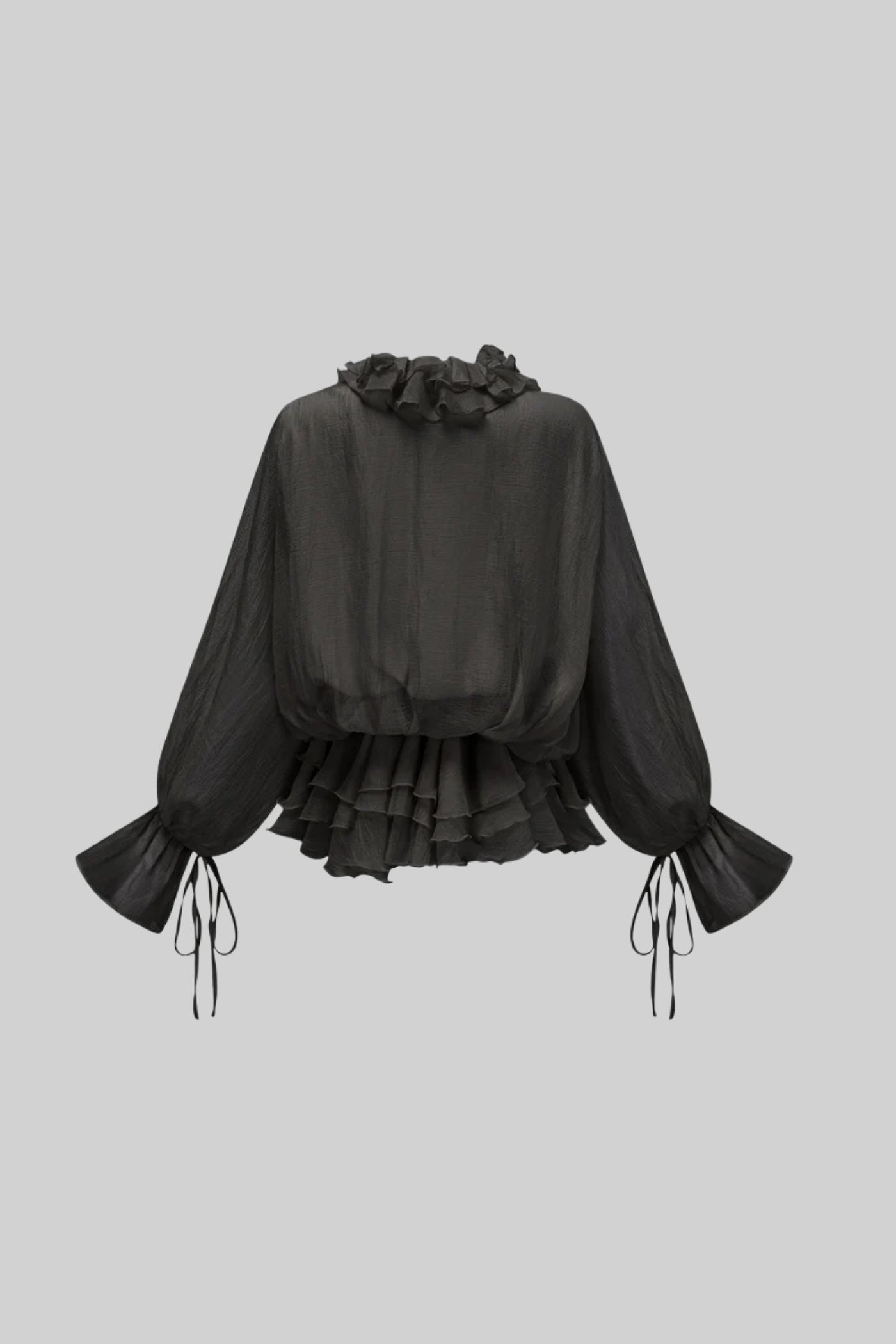 Rochie vaporoasă din voal cu aplicații florale și mâneci lungi bufante - Negru 