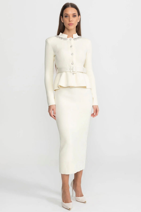 Rochie midi cu talie peplum și guler cu cristale – Ivoire 