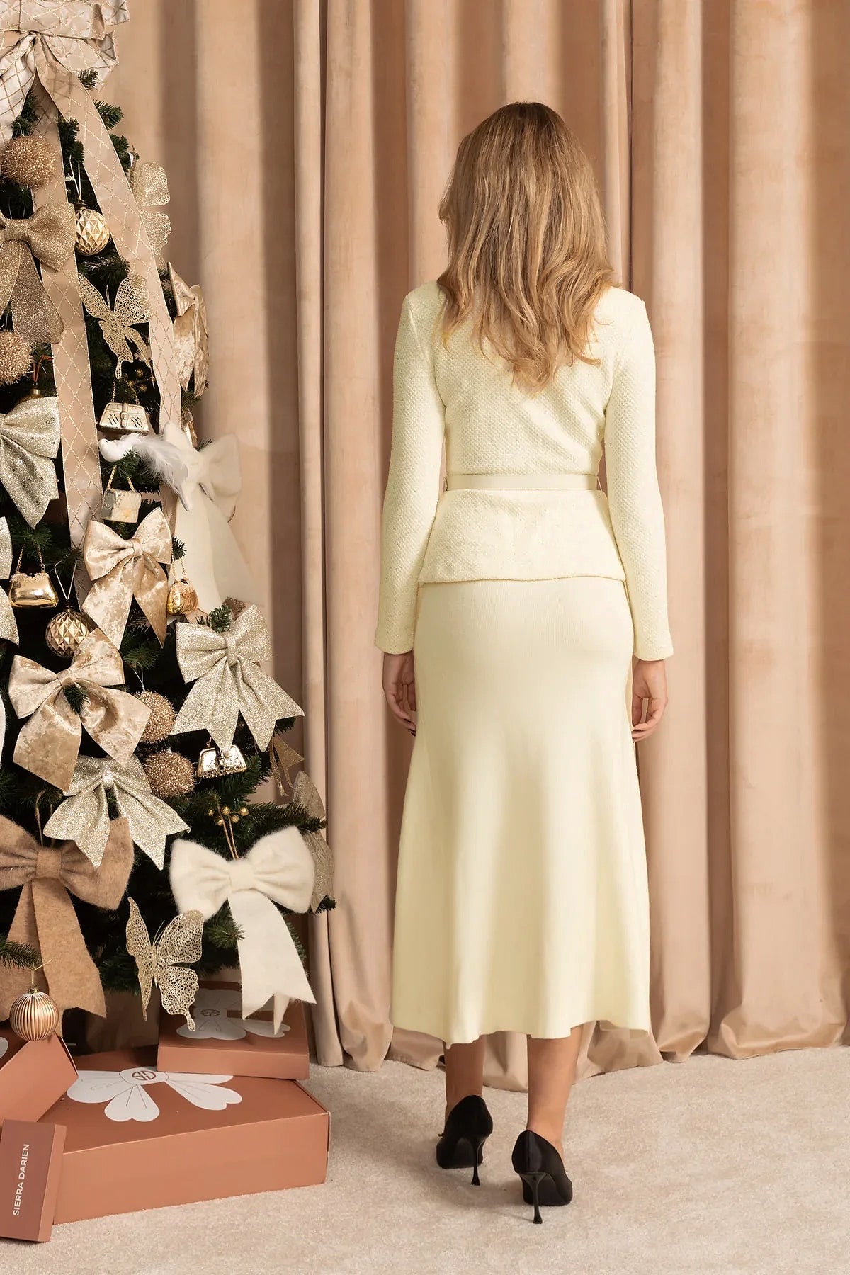 Tweed Peplum Knit Midi Dress – Ivoire