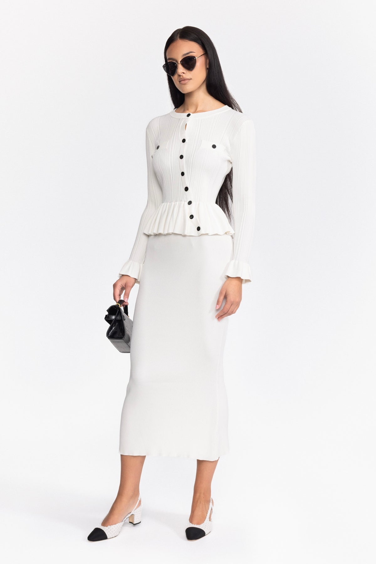 Ribbed Knit Peplum Cardigan and Midi Skirt Set - White