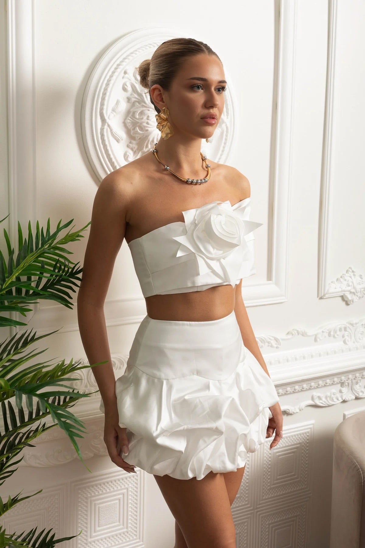 Satin 3D Rosette Co-Ord Set - White
