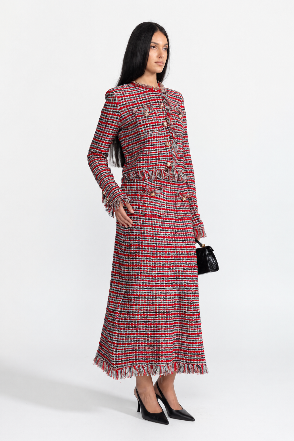 Set coordonat din jachetă din tweed cu franjuri și fustă midi - roșu multicolor 