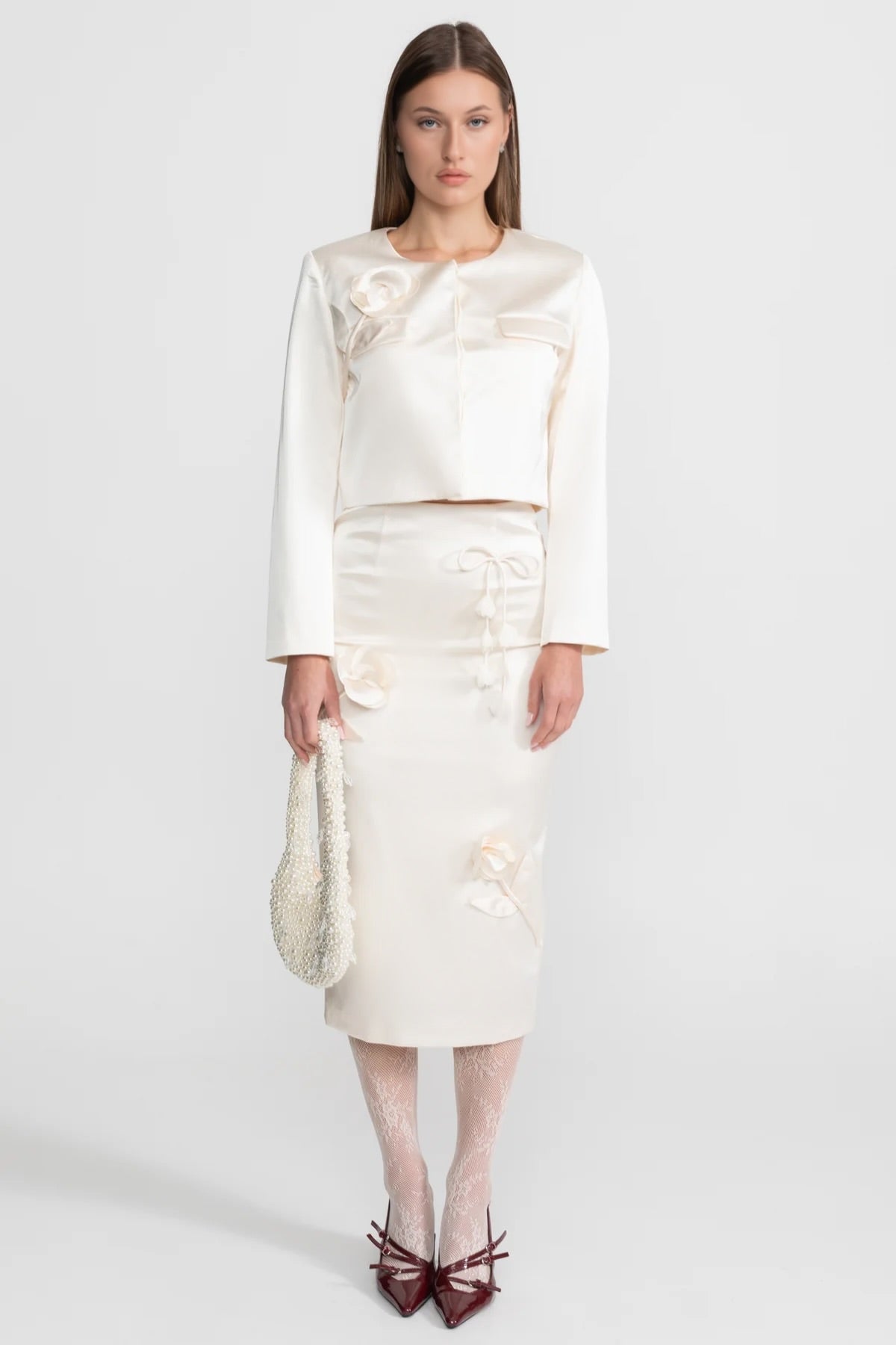 Fustă creion din tafta cu fundă și detalii florale - Ivoire 