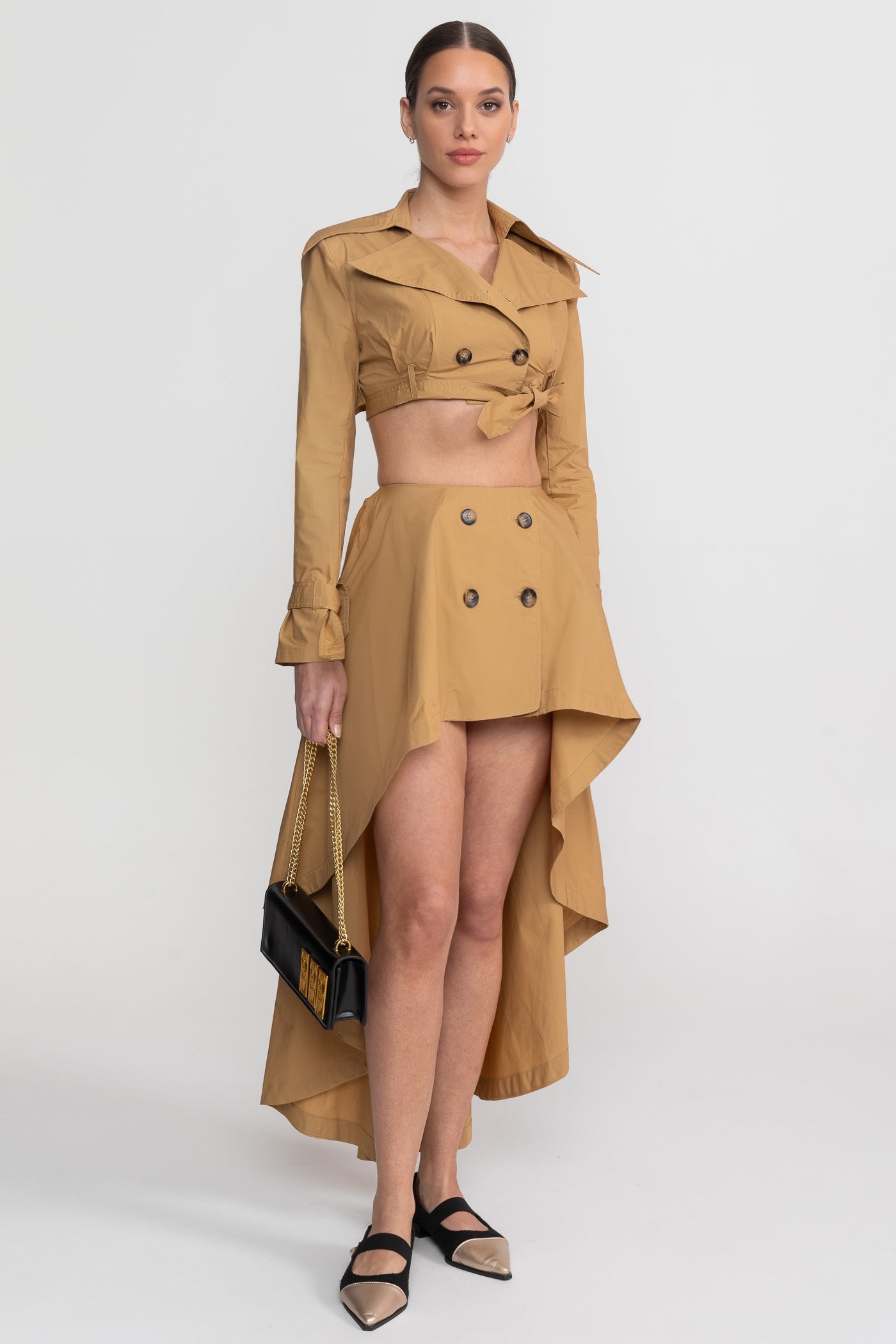 Set coordonat cu trench cropped și fustă asimetrică high-low - Camel 