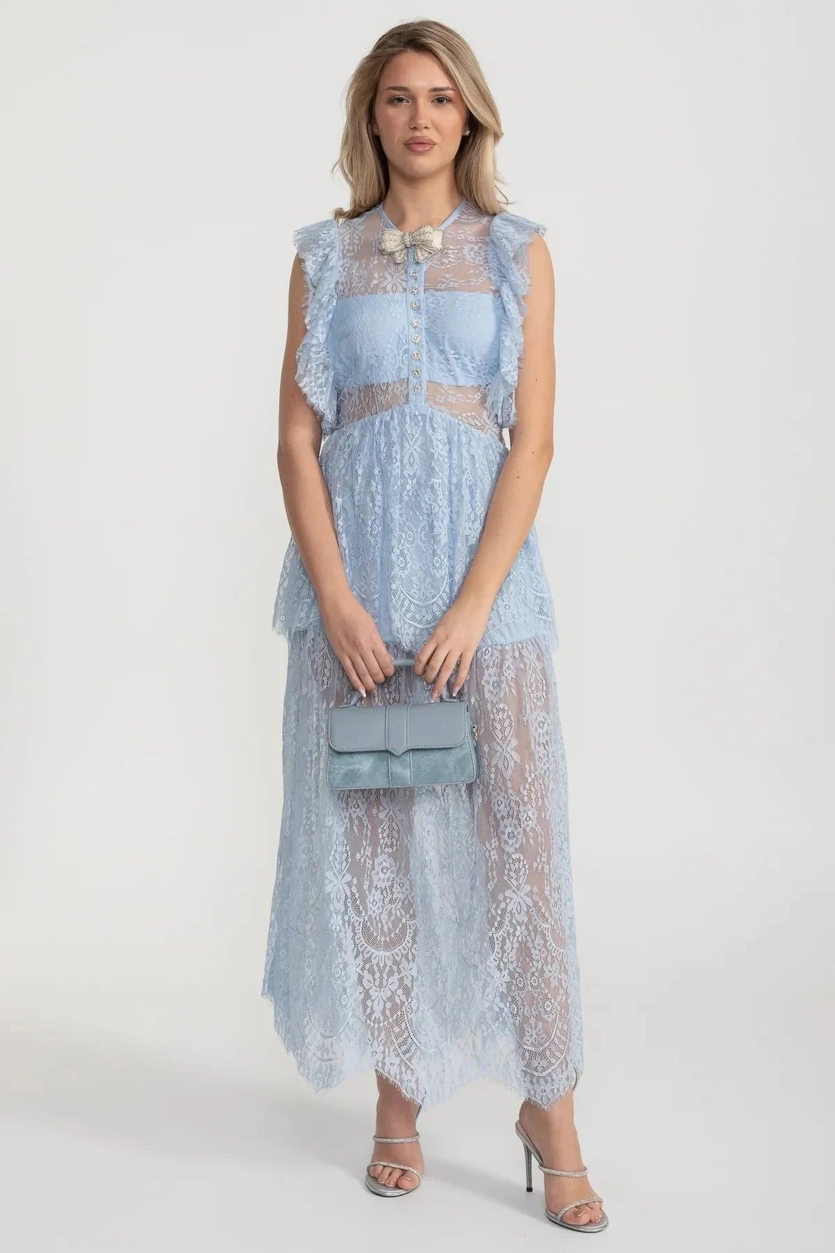 Elegant Vintage-Inspired Lace Dress With Ruffled Details And Layered Skirt - Blue