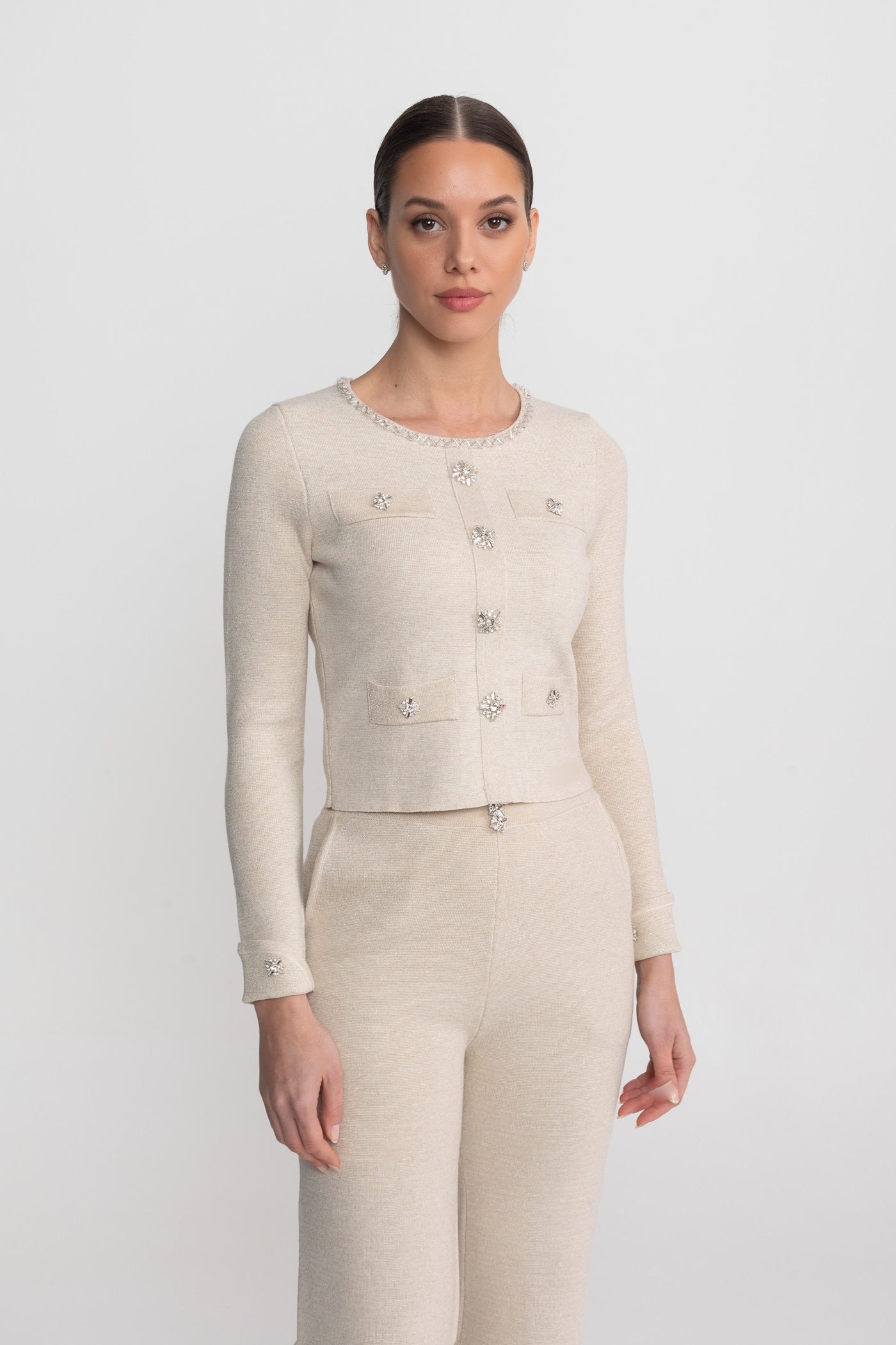 Long Sleeve Knit Co-Ord Set With Sparkling Embellishments - Beige