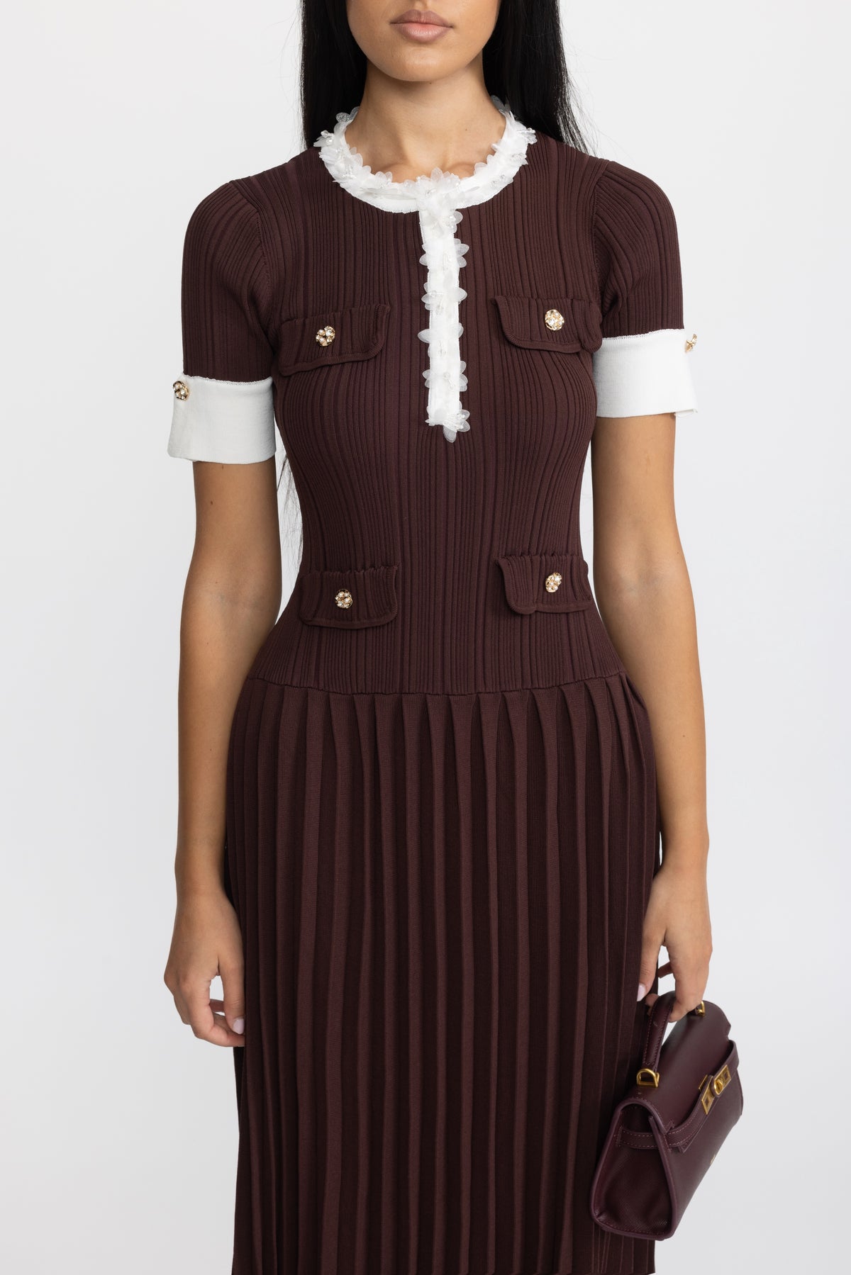 Rochie midi din tricot plisat cu volane decorative - Chocolate 