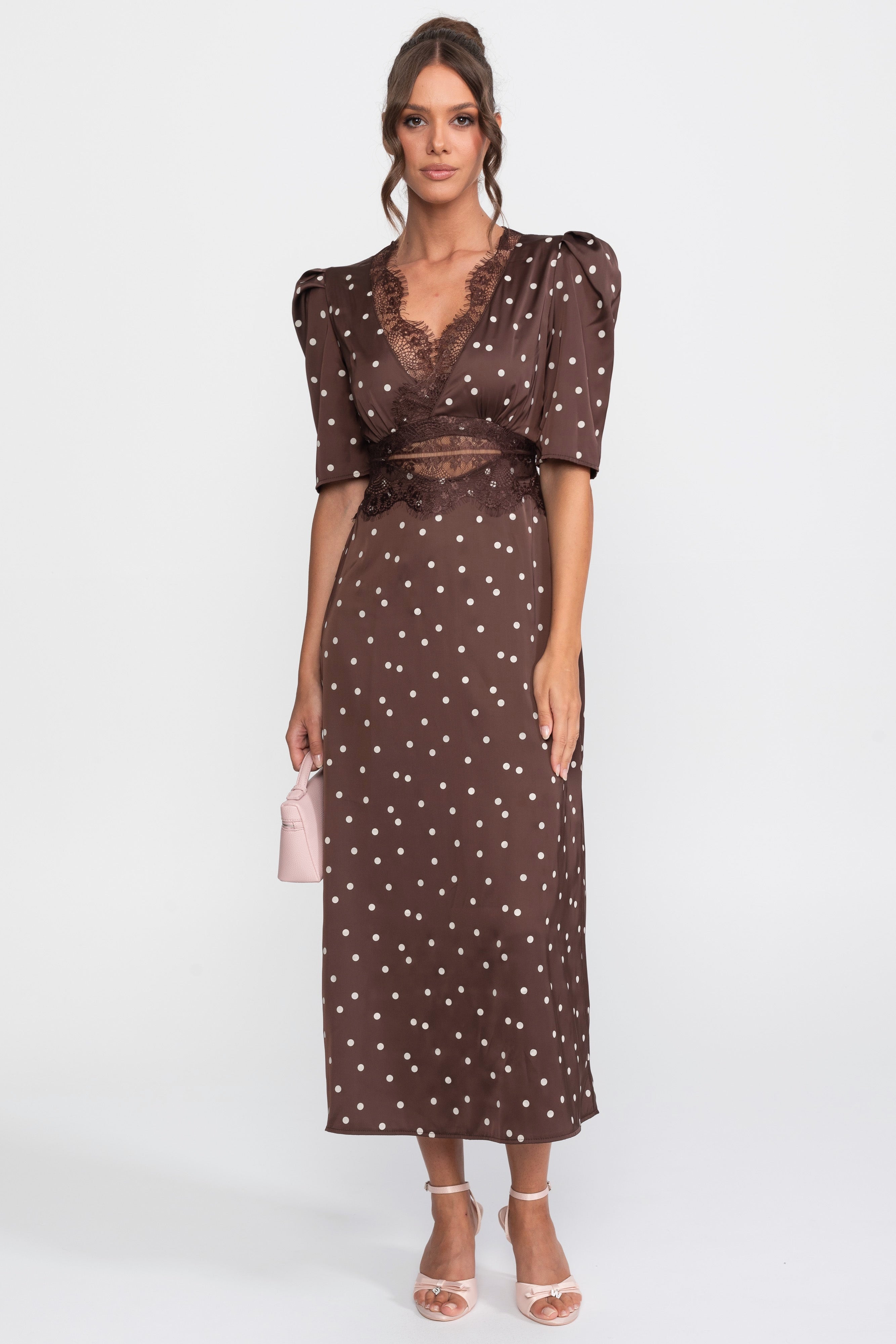 Rochie midi cu buline și margini din dantelă, cu mâneci bufante - Brown 