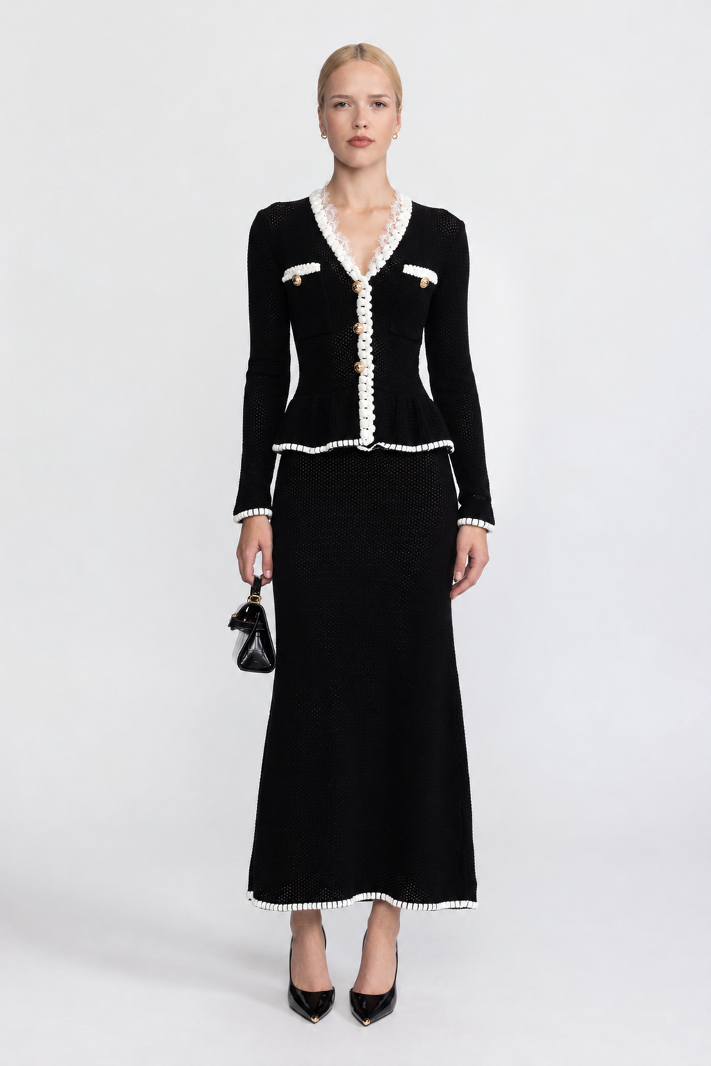 Lace Trim Crochet Knit Peplum Maxi Dress - Black