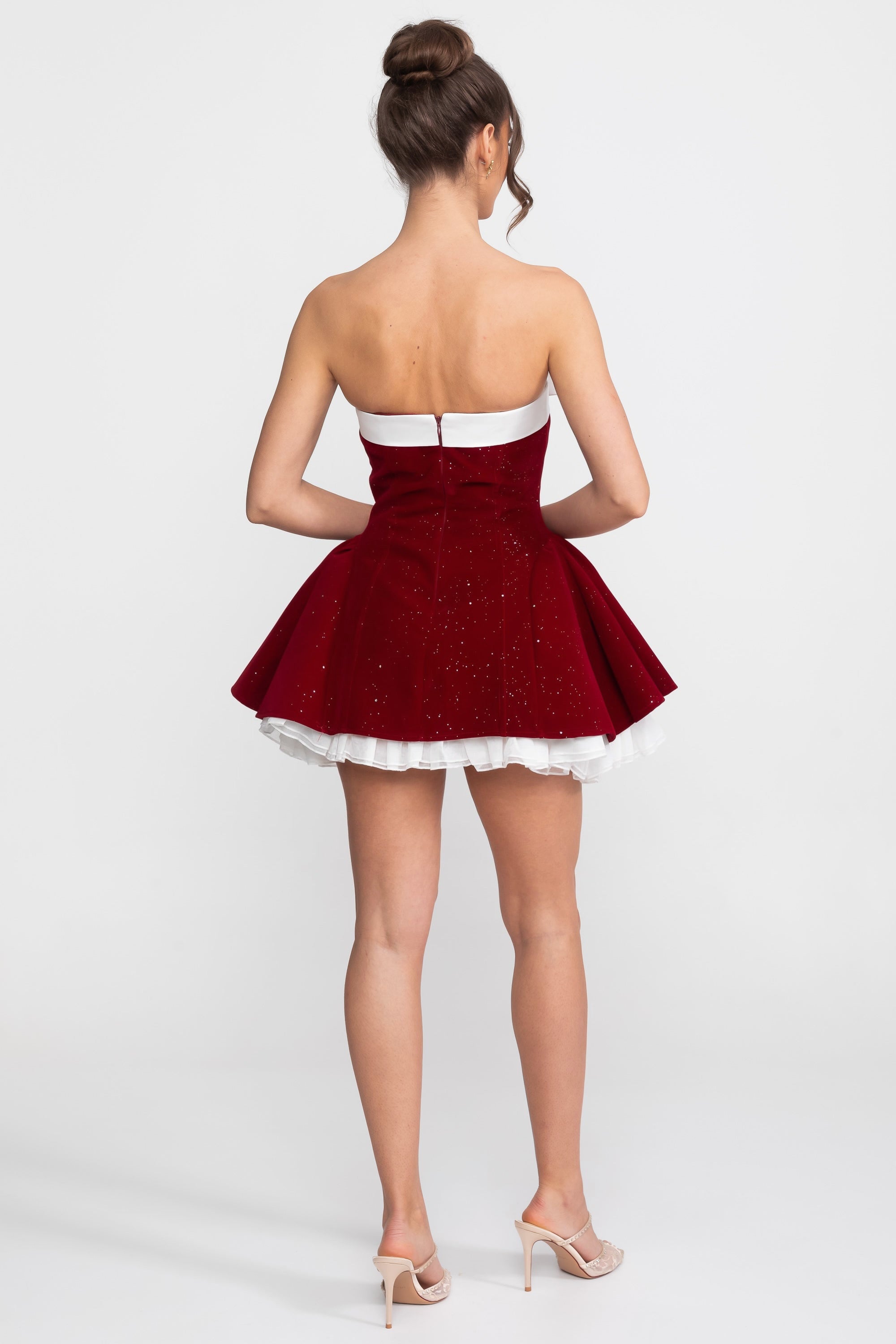 Rochie mini din catifea, fără bretele, cu fundă din satin și tiv cu volane - Roșu 