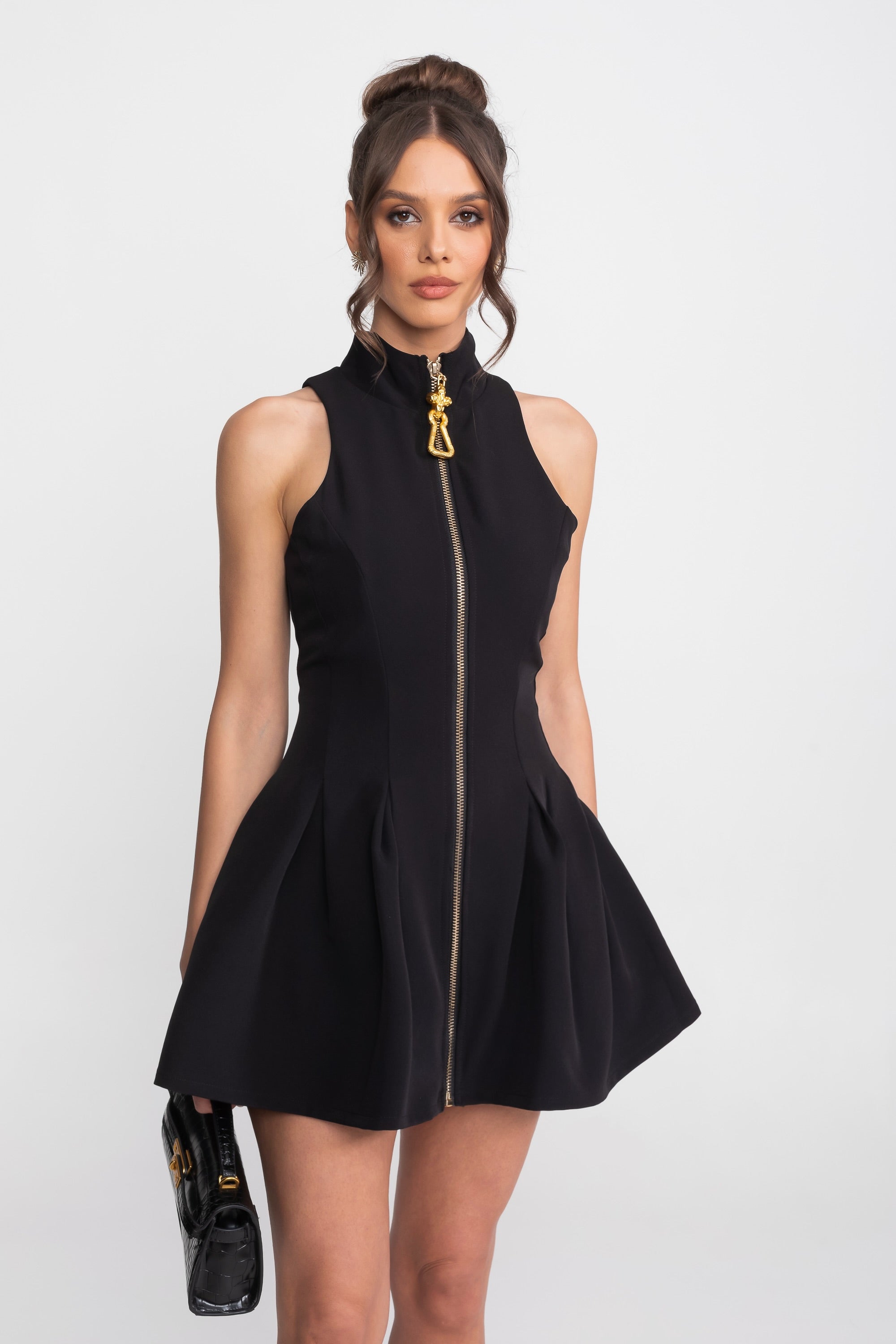 Sleeveless Mini Dress With Gold Front Zipper - Black