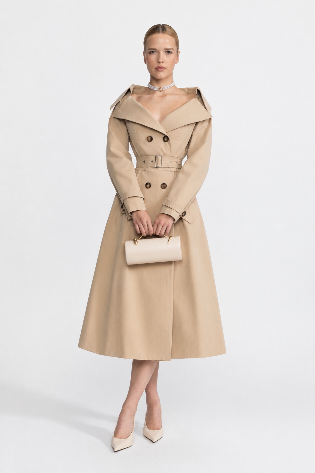 Rochie-trench bej cu guler off-shoulder și cordon în talie 