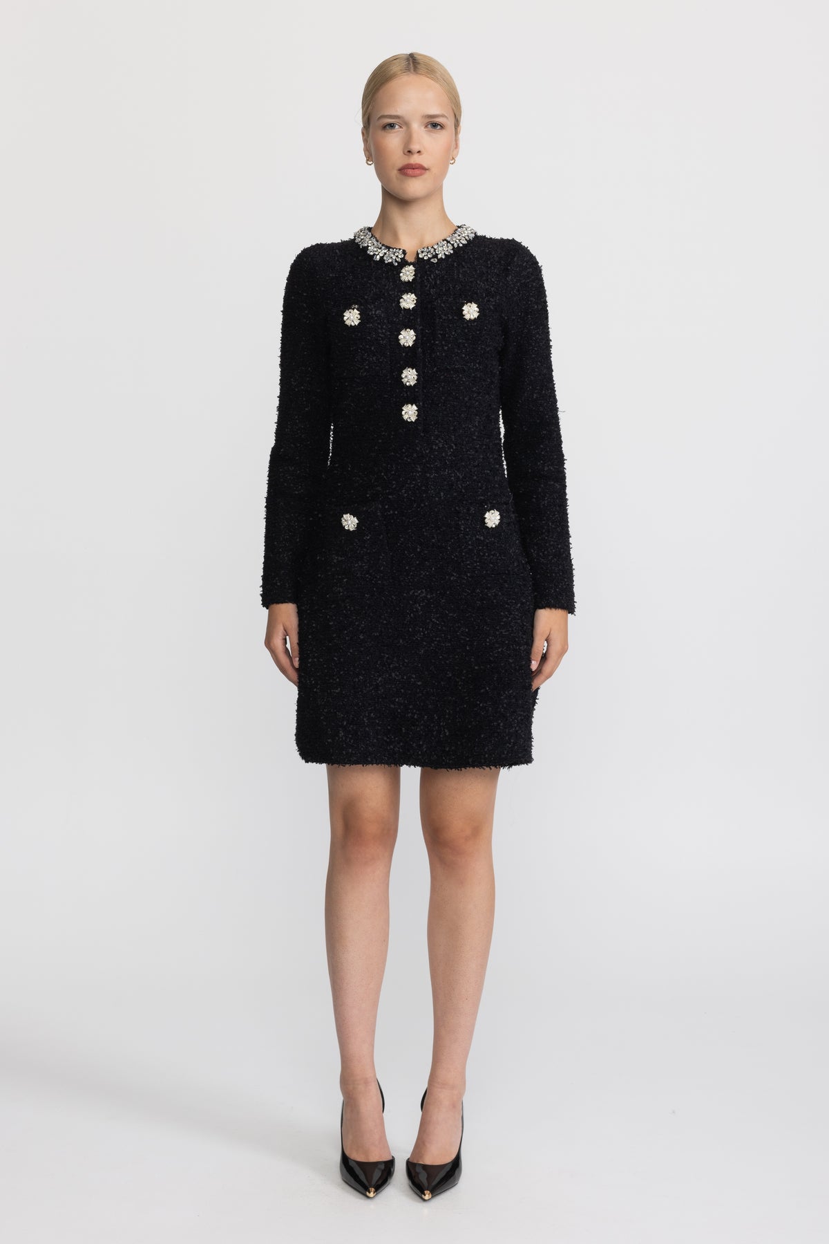 Rochie mini din tricot bouclé cu aplicații de cristale - negru 