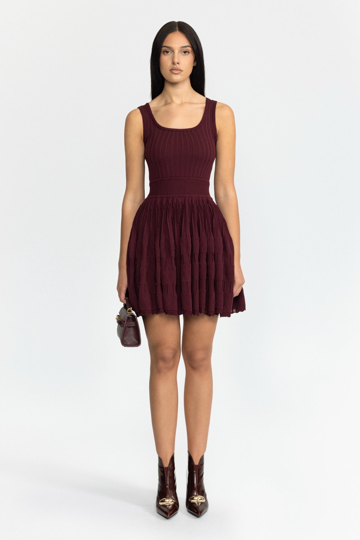 Rochie mini skater din tricot pointelle - vișiniu 