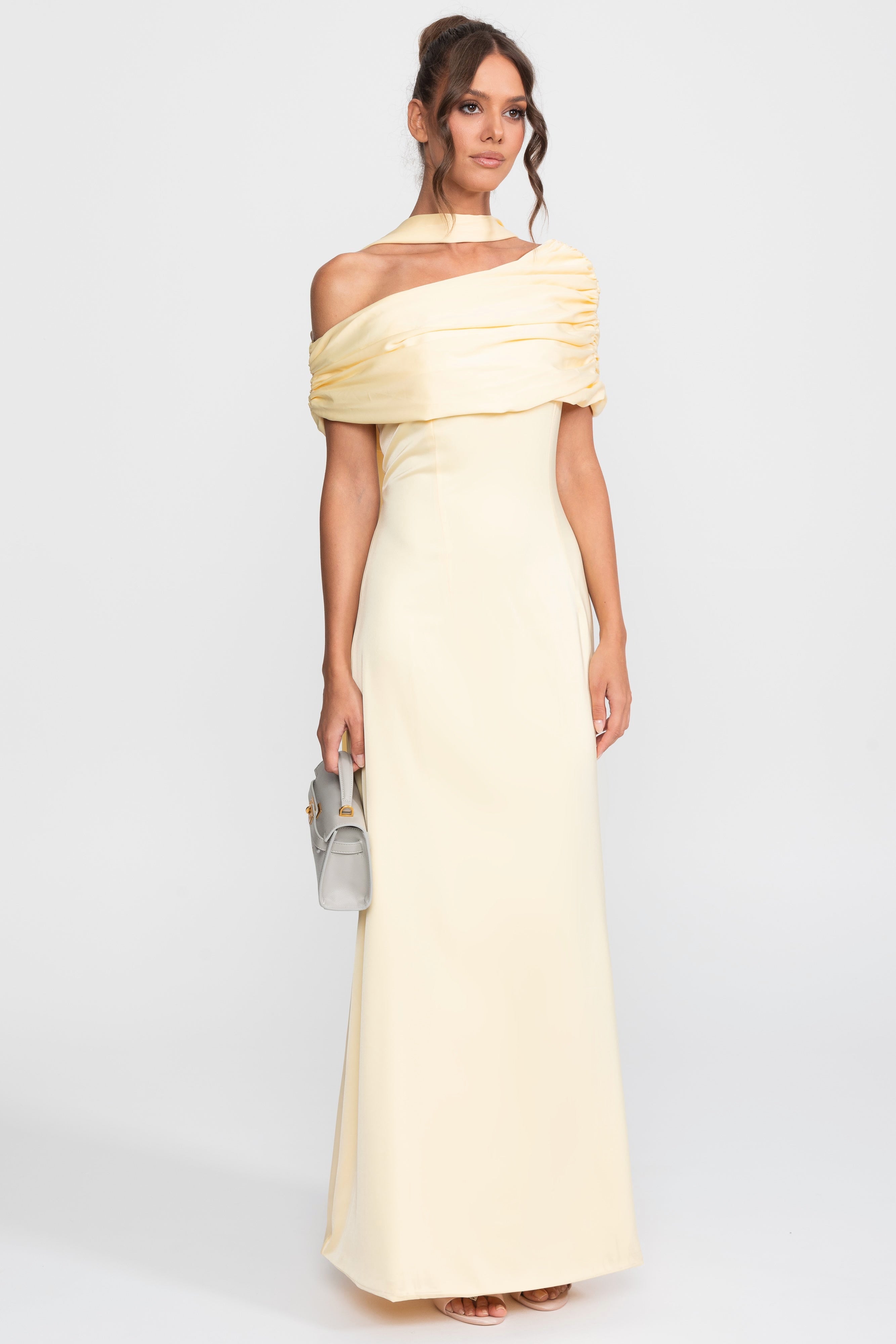 One-Shoulder Draped Satin Gown With Ruched Wrap - Yellow