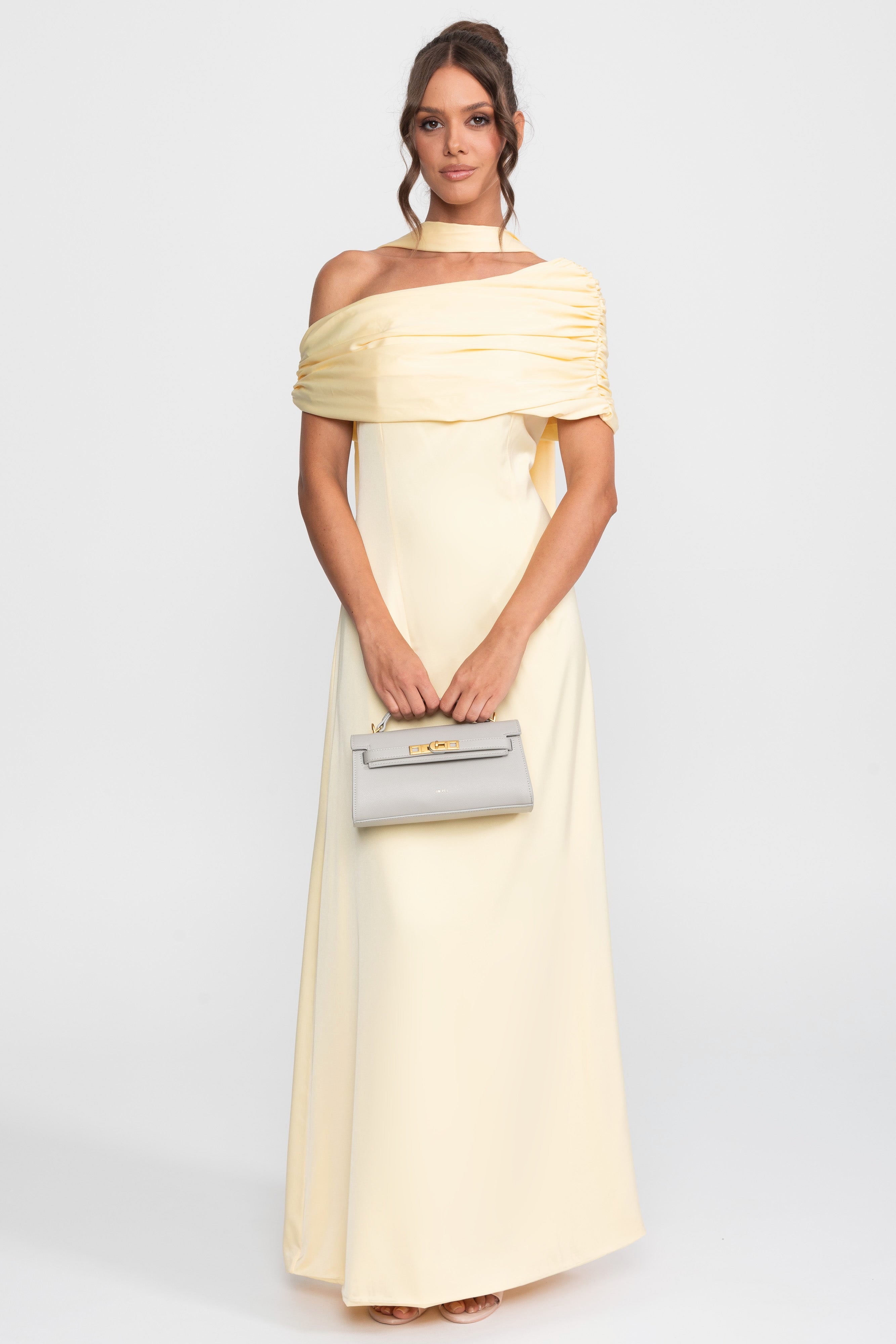 One-Shoulder Draped Satin Gown With Ruched Wrap - Yellow