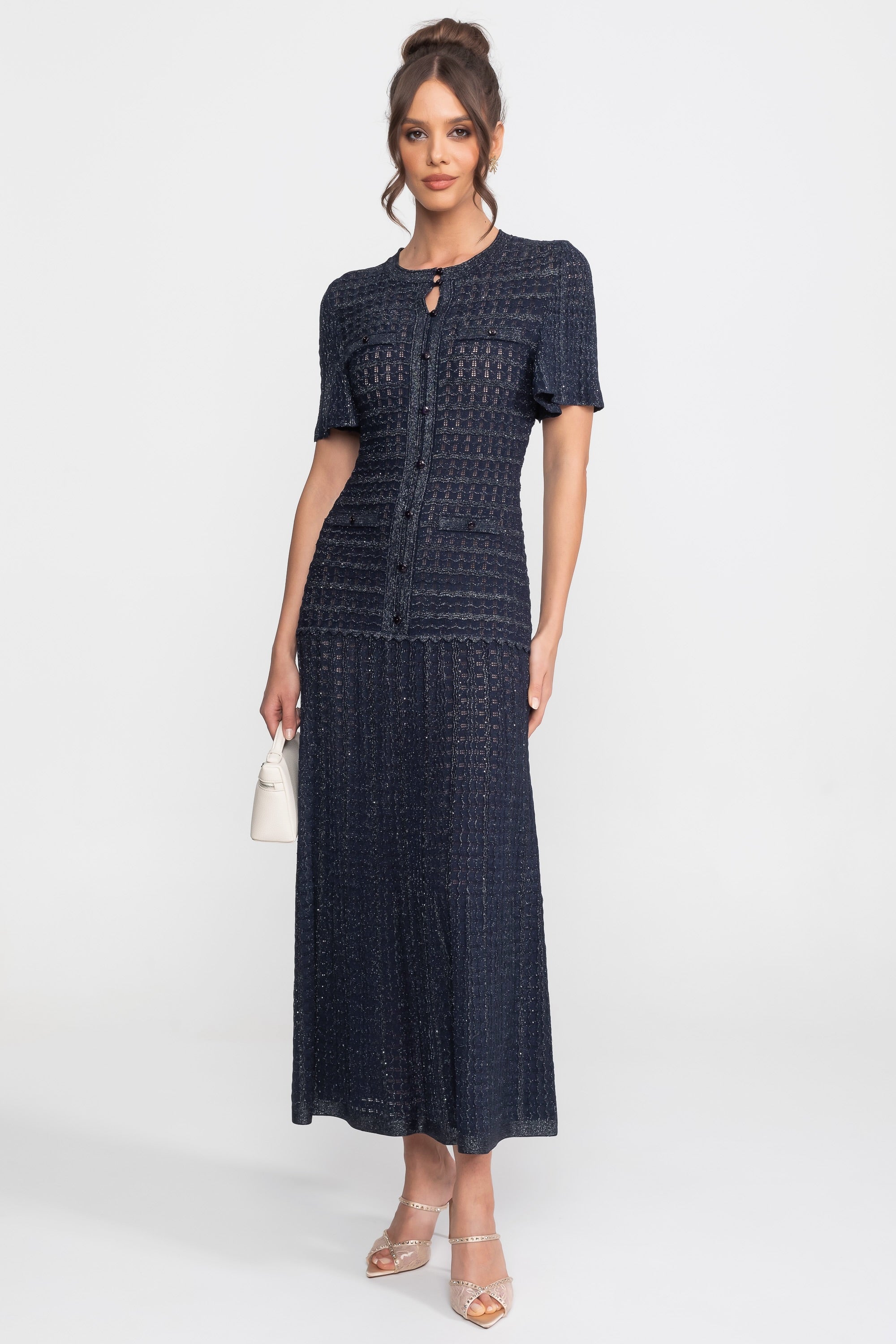 Rochie midi cu mâneci scurte, textură tricotată cu sclipiri - Navy 