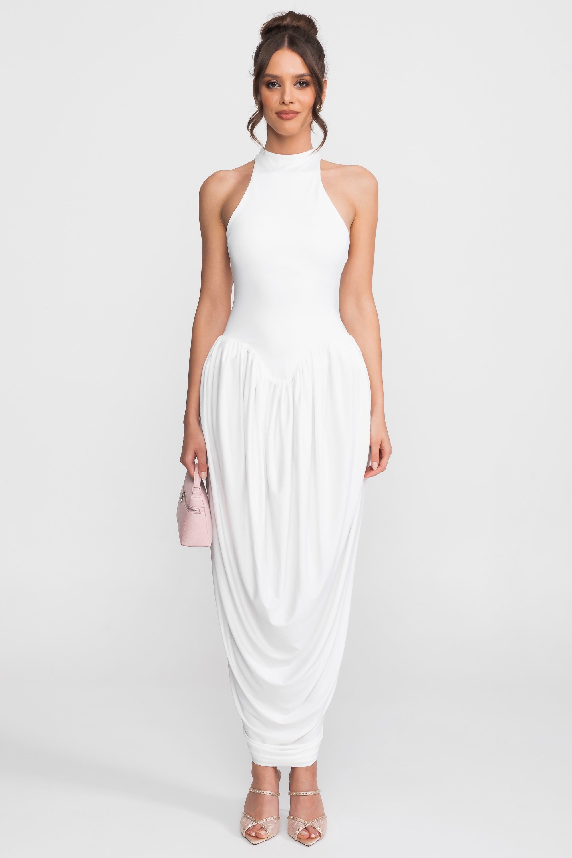Halter-Neck Maxi Dress With Gathered Balloon Skirt - White