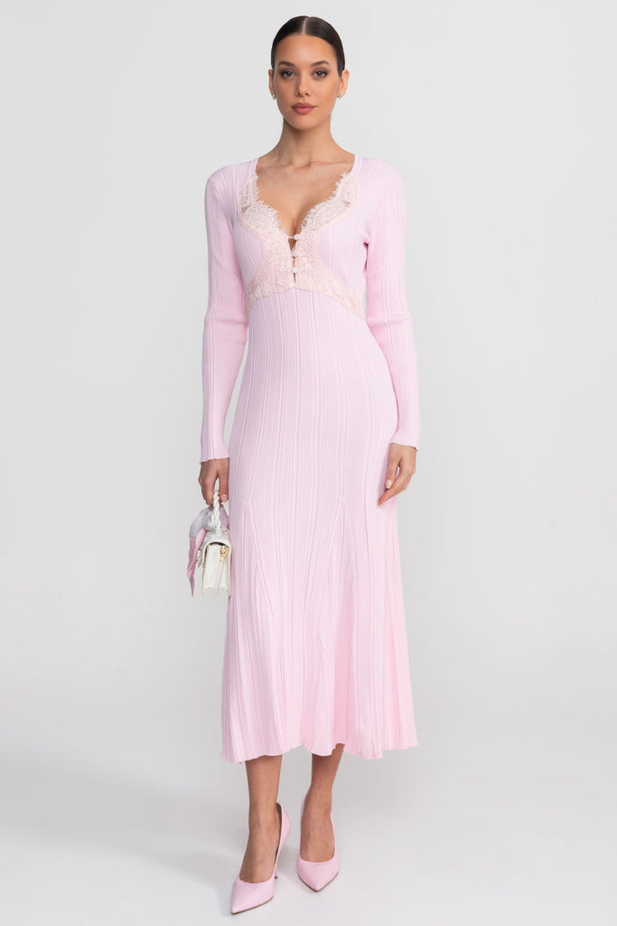 Rochie midi cu mâneci lungi și dungi, decolteu în V cu dantelă - Baby Pink 