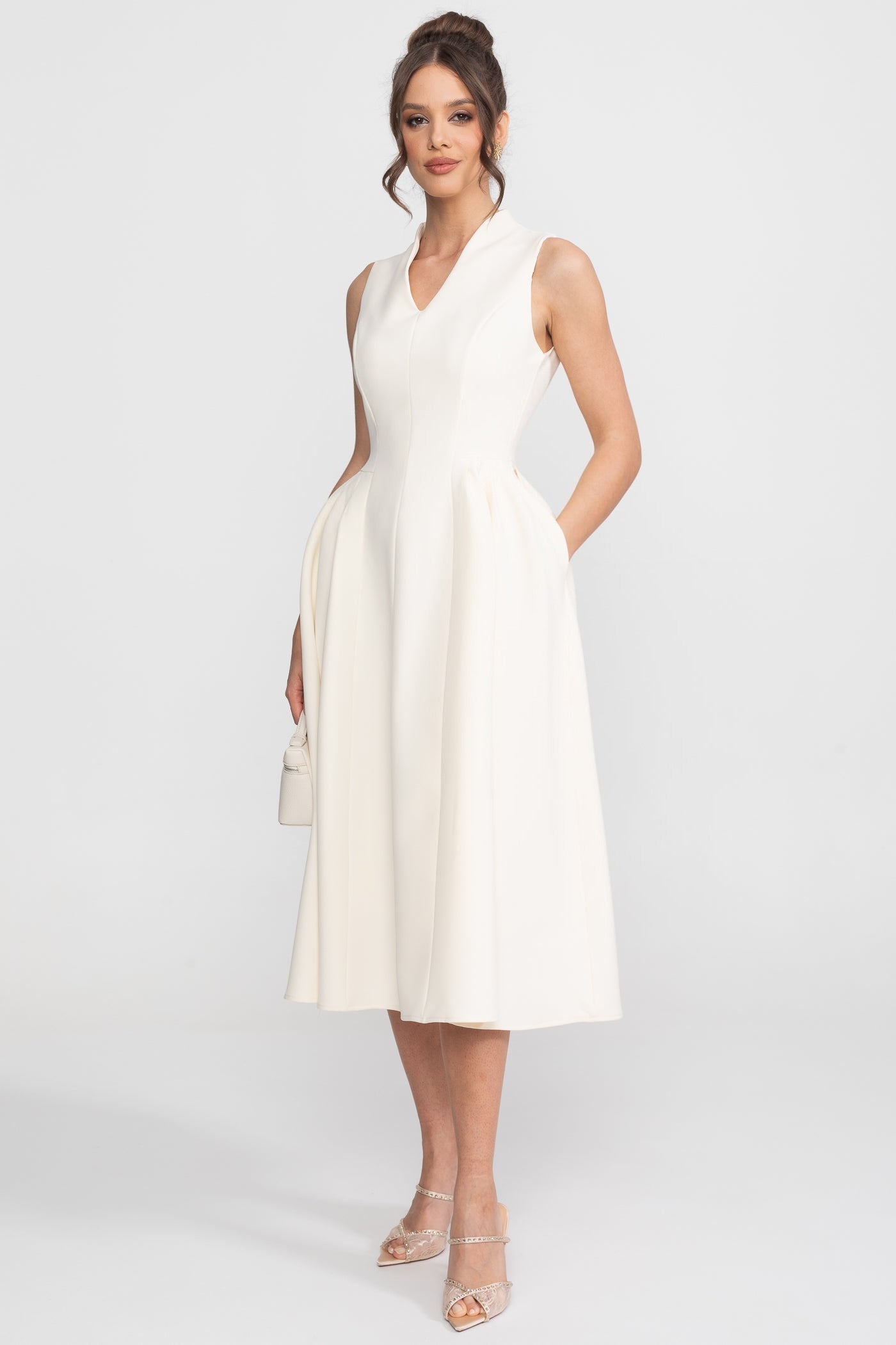 A-Line Midi Dress With Structured Cape Shoulders - Cream