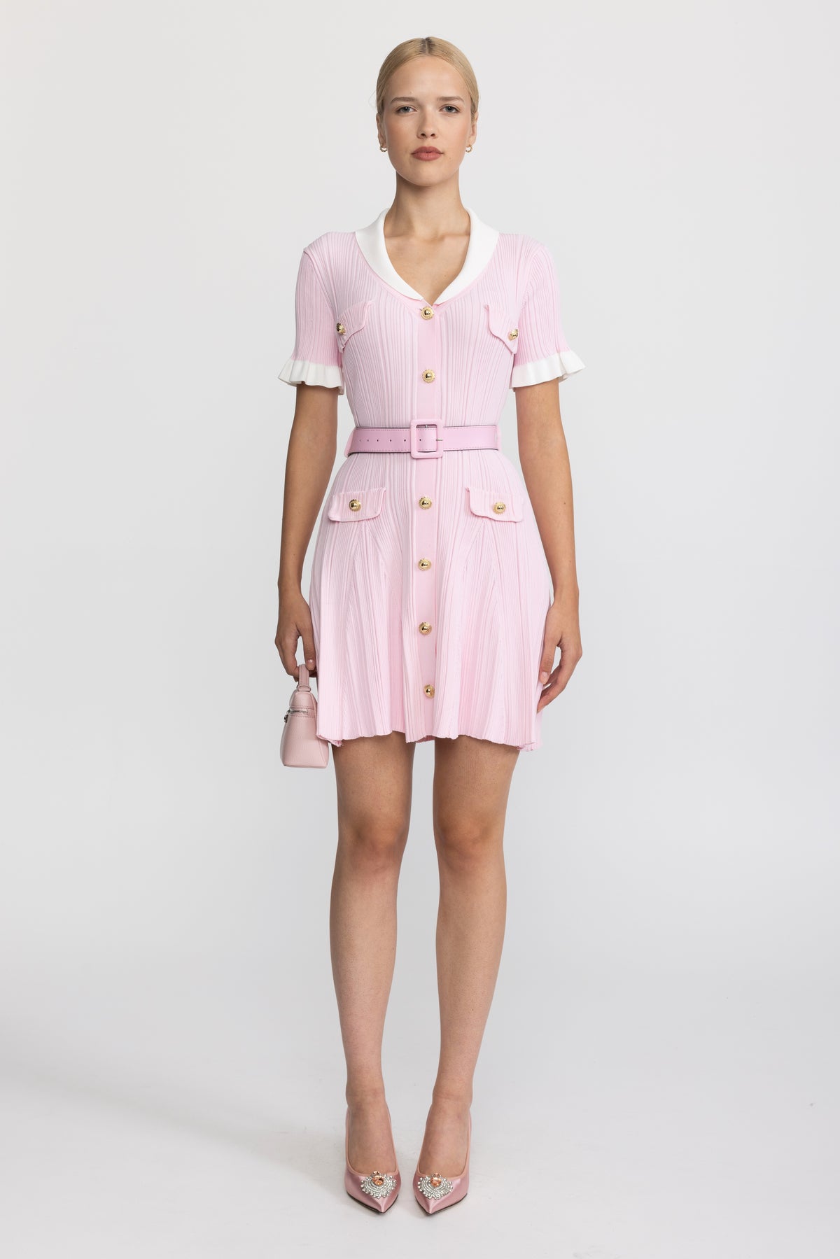 Ribbed Knit Contrast Collar Belted Mini Dress - Pink
