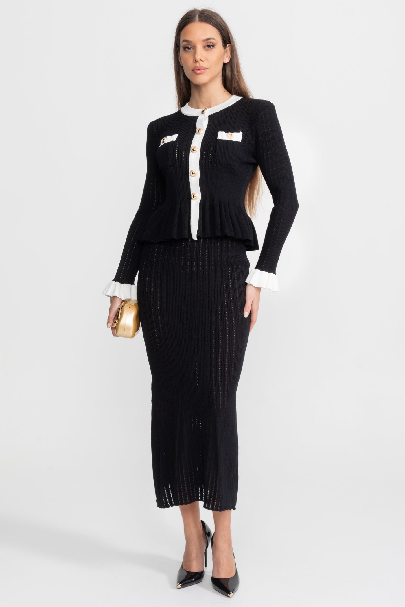 Pointelle Knit Midi Co-Ord with Contrast Trim – Black