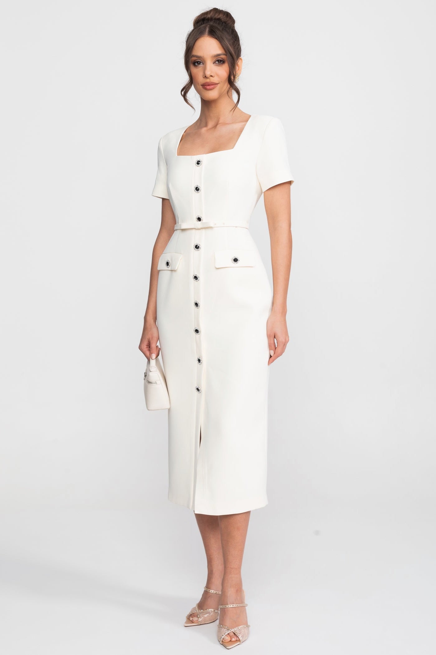 Square-Neck Button-Through Midi Dress With Jewel Buttons - White