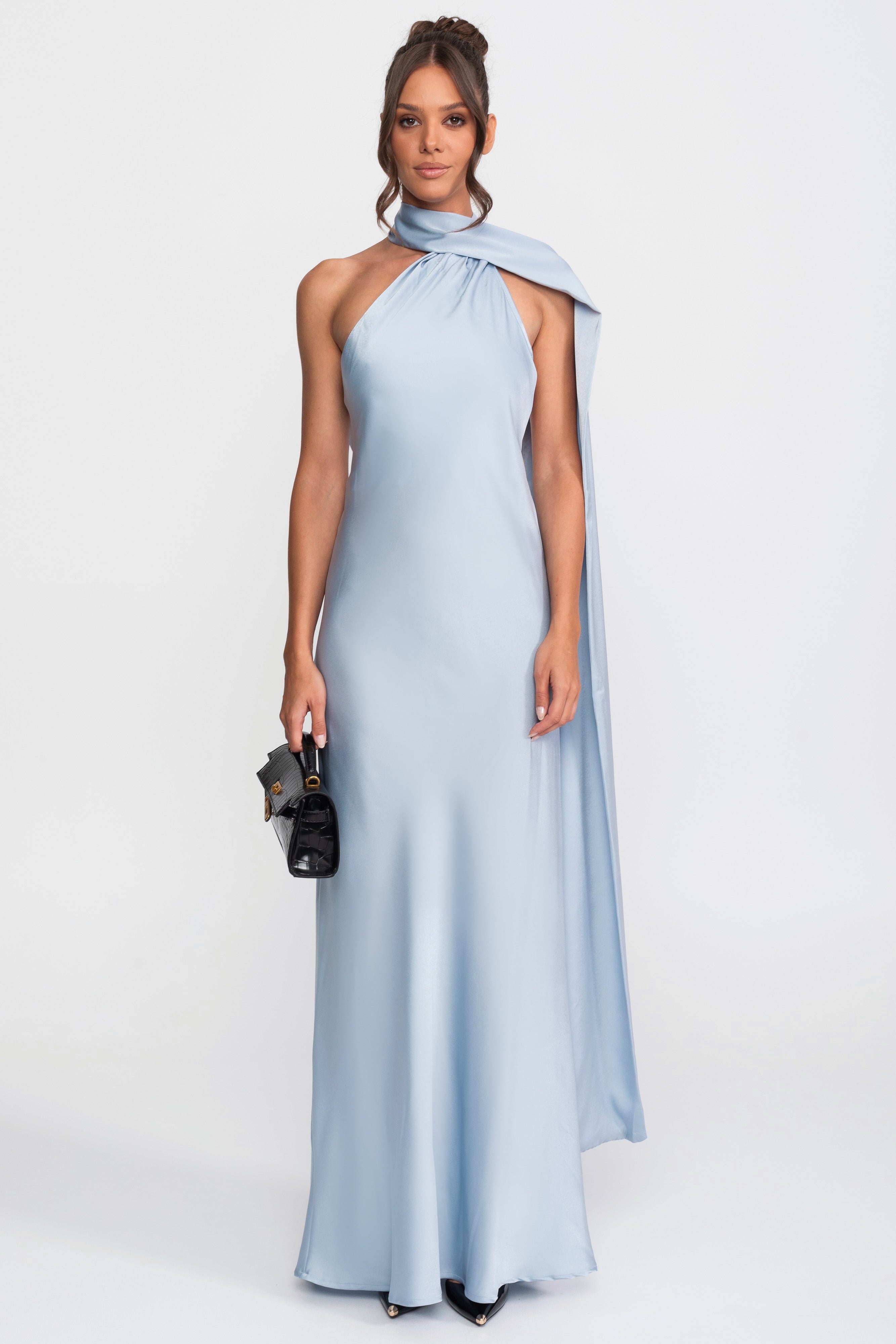 Rochie slip din satin, cu halter răsucit și decolteu asimetric - Albastru 
