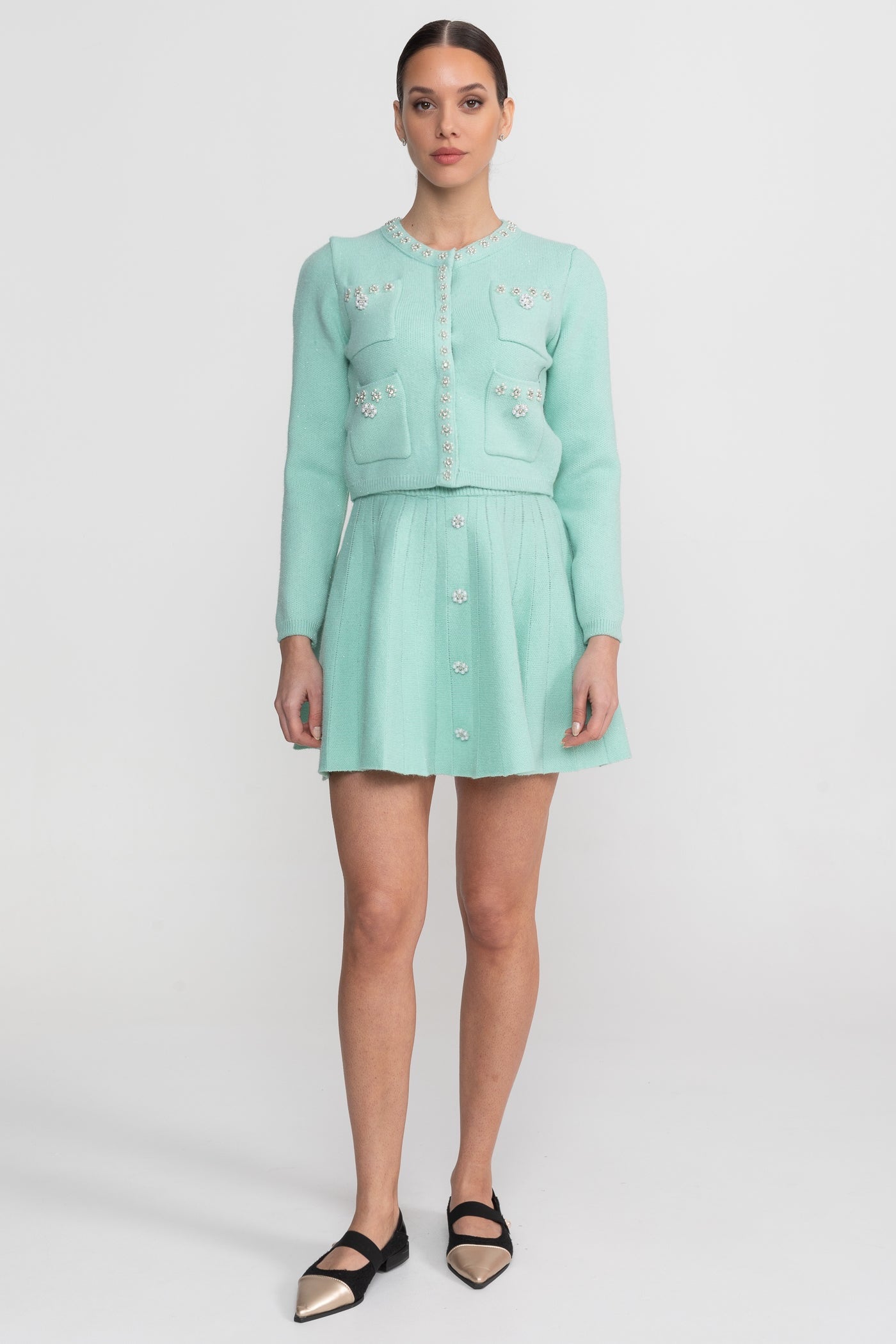 Knit Co-Ord Set With Long Sleeve Cardigan And Matching Mini Skirt - Teal