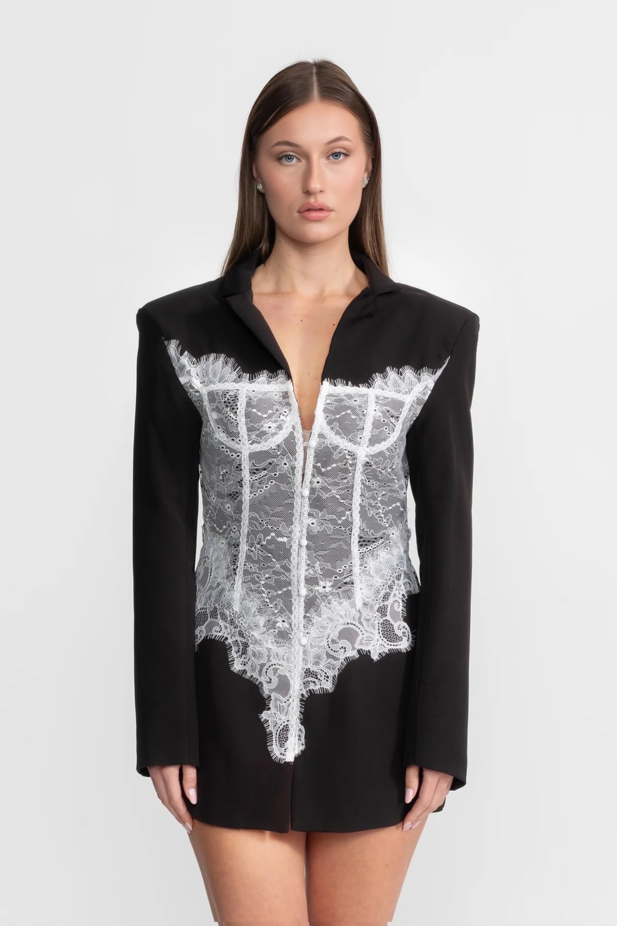 Lace Corset Blazer Dress With Deep V-neckline  – Black