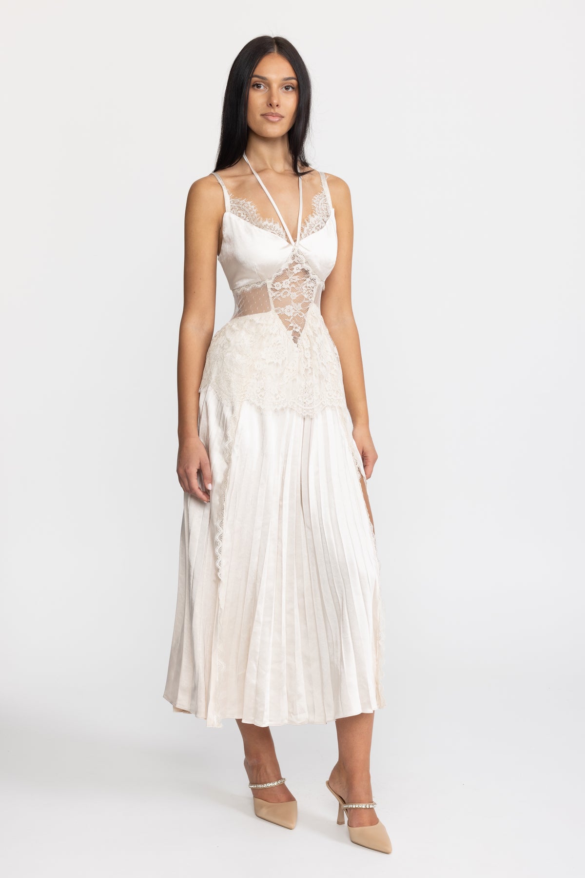 Lace Insert Satin Halter Pleated Midi Dress - Ivoire