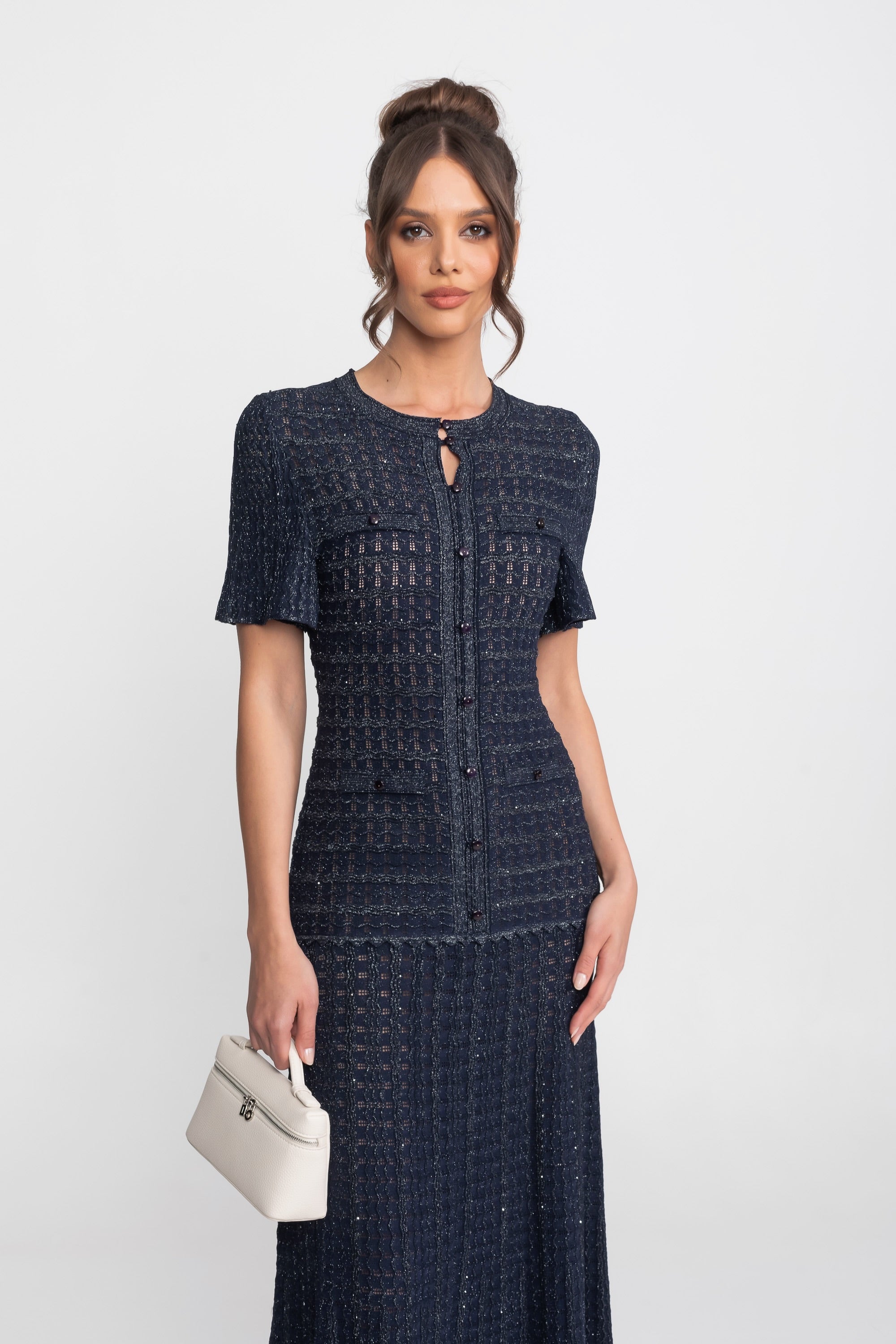 Rochie midi cu mâneci scurte, textură tricotată cu sclipiri - Navy 