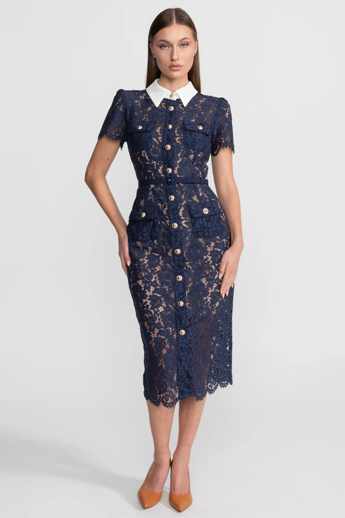 Rochie midi din dantelă florală cu guler croitorit și talie cu curea - Navy 