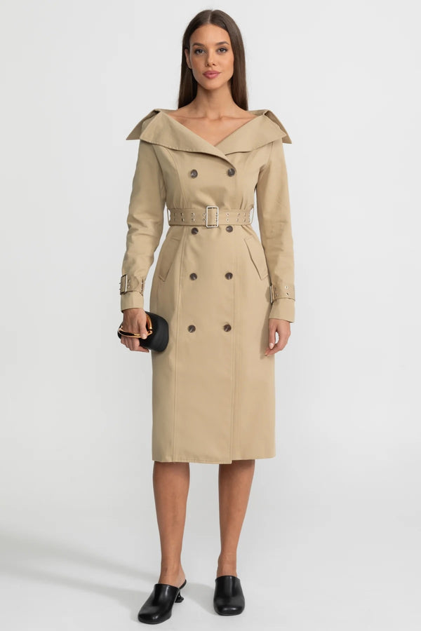 Rochie-trench cu umerii goi, dublu închidere și talie cu curea – Maro 