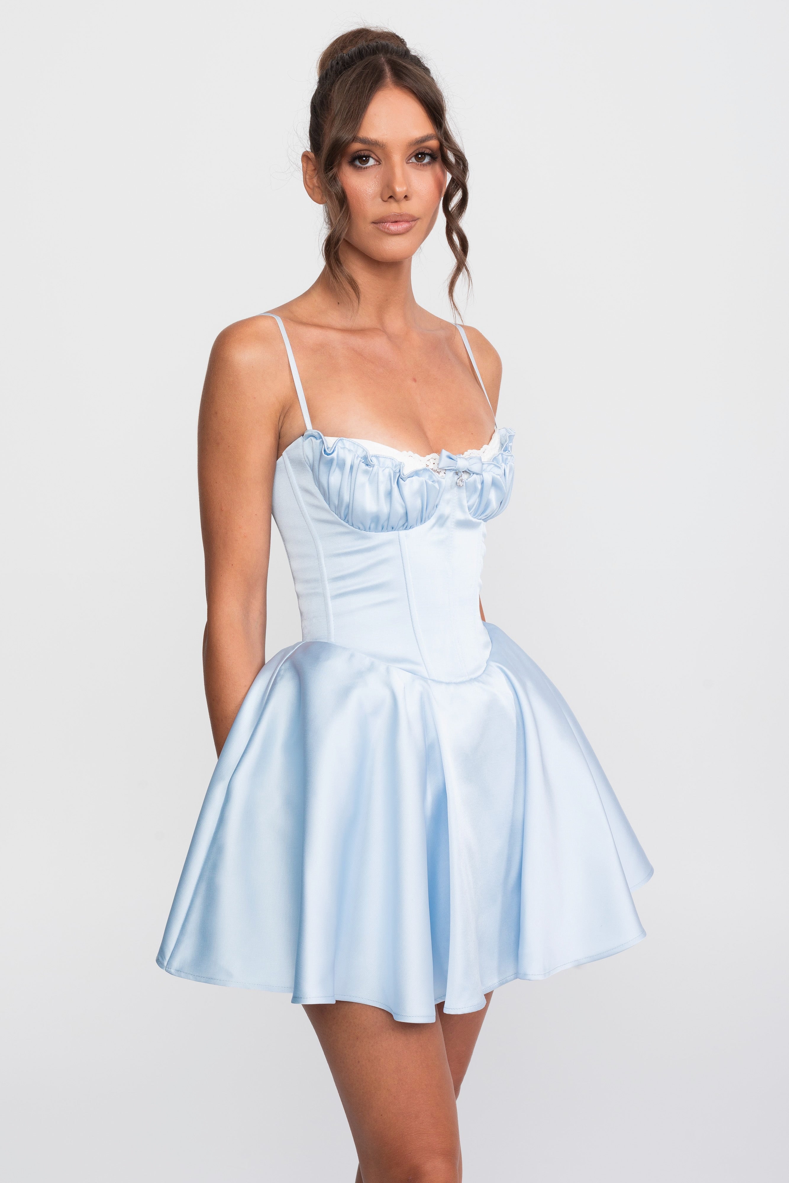 Ruffled Sweetheart Fit-and-Flare Dress With Lace Trim - Blue