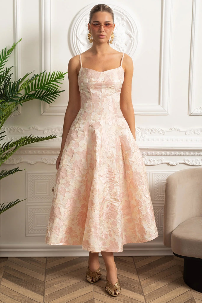 Rochie midi din jacquard cu motiv floral și bretele spaghetti - Blush Pink 