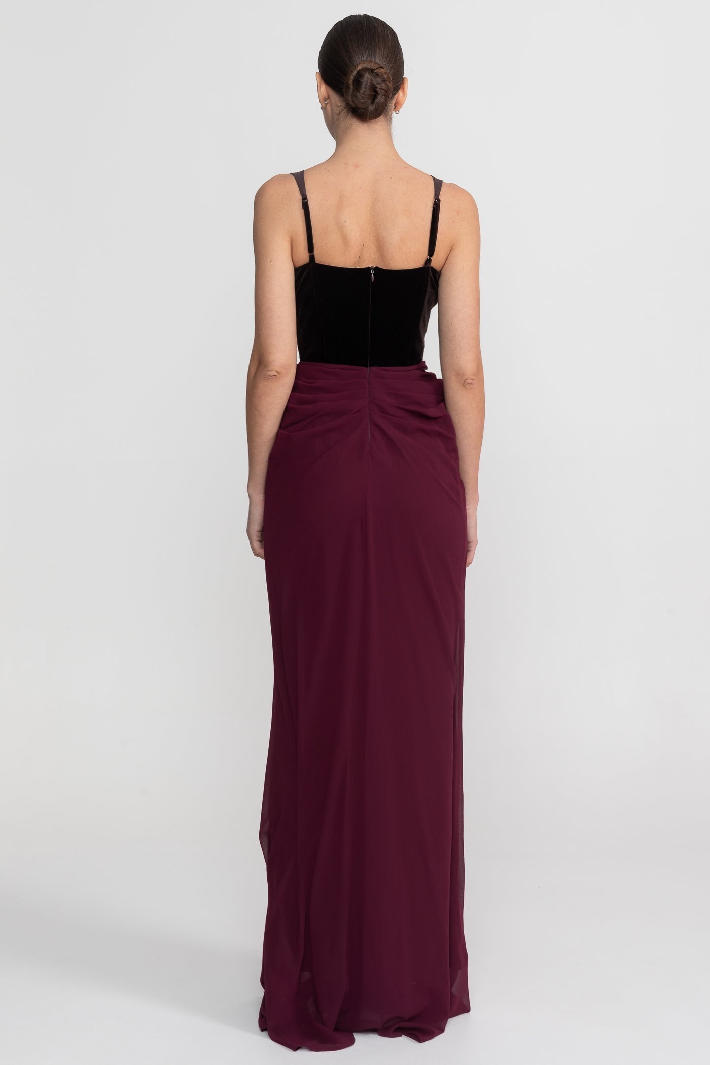 Rochie Maxi cu Corset din Catifea și Fustă Fluidă - Burgundy 