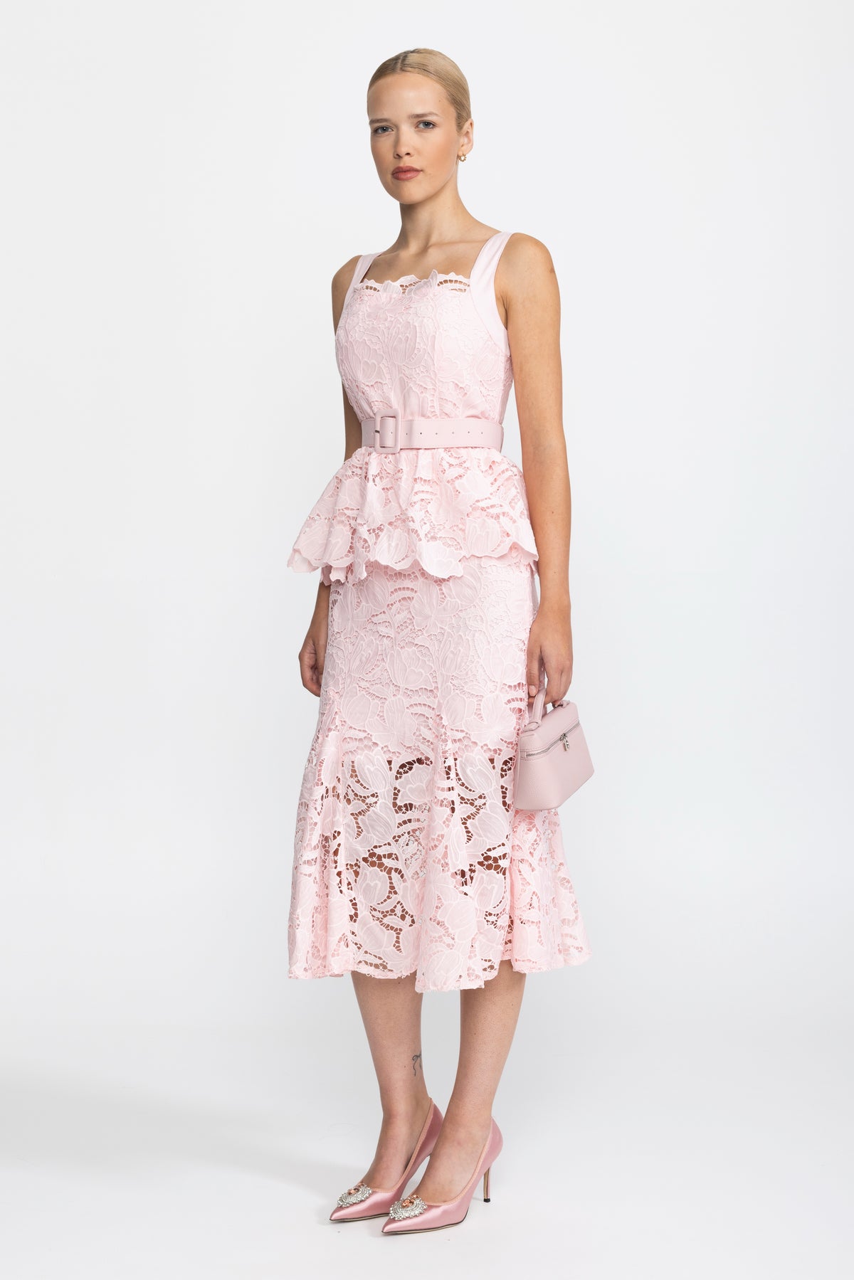 Guipure Lace Peplum Midi Dress - Pink