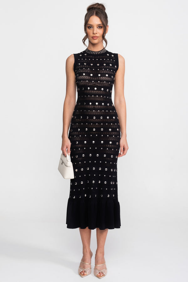 Rochie midi din tricot, împodobită, cu guler înalt și tiv cu volane - Negru 