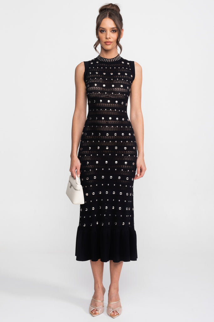 Rochie midi din tricot, împodobită, cu guler înalt și tiv cu volane - Negru 