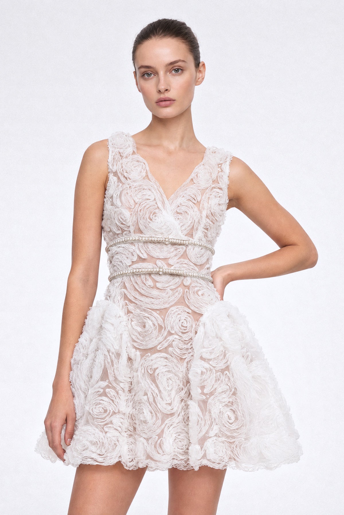 Rochie mini din tul cu broderie rozetă - Ivoire 