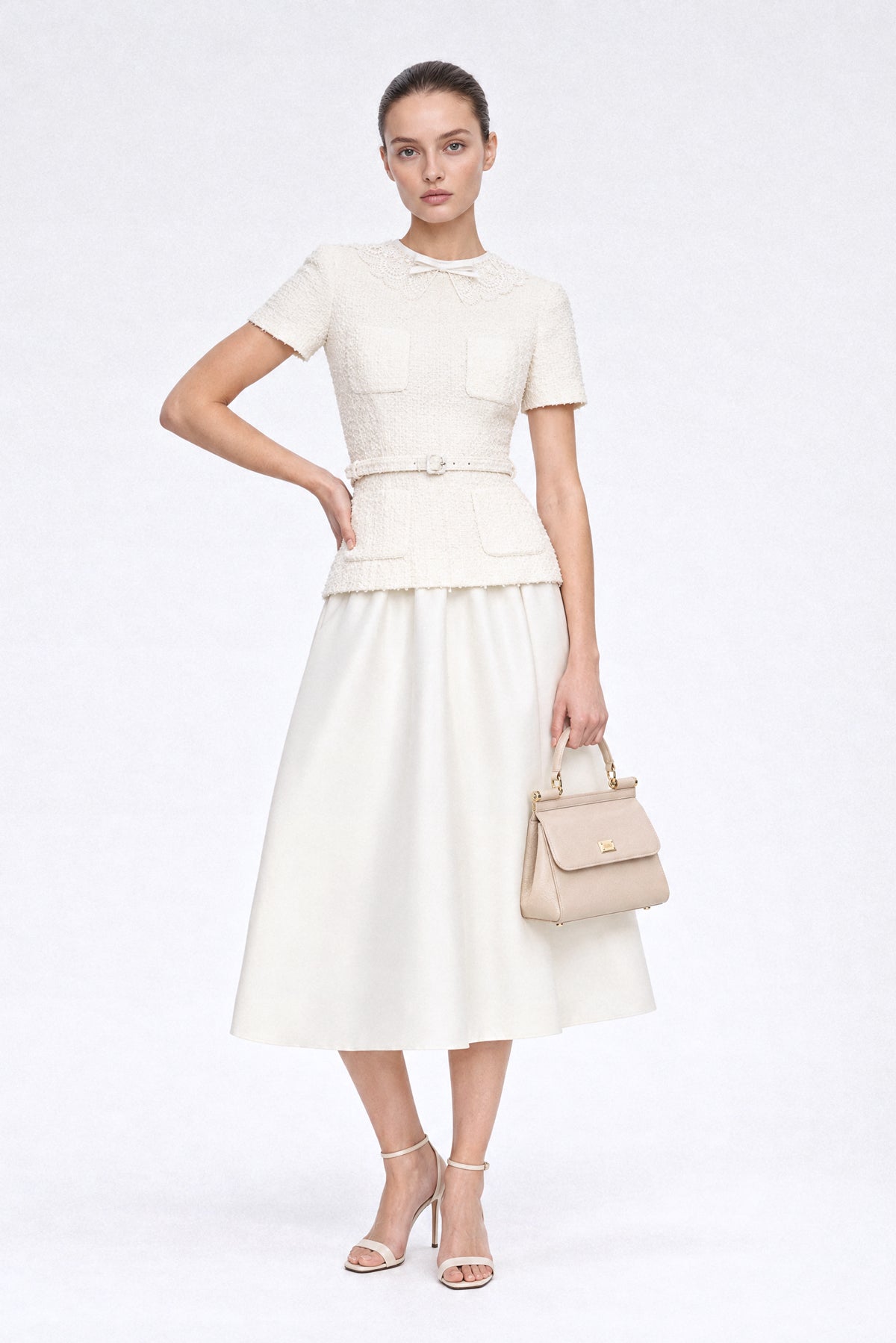 Rochie midi tweed peplum cu guler din dantelă - Ivoire 