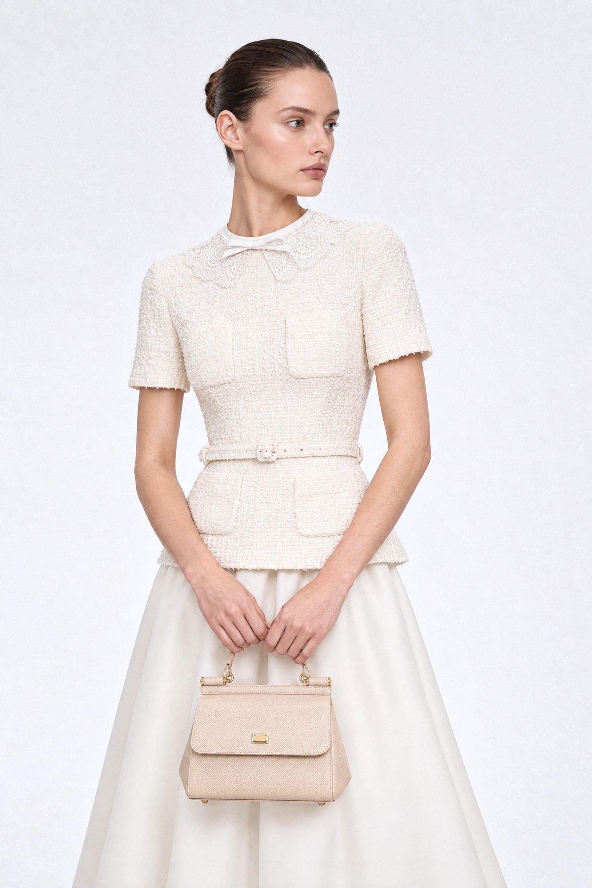 Rochie midi tweed peplum cu guler din dantelă - Ivoire 