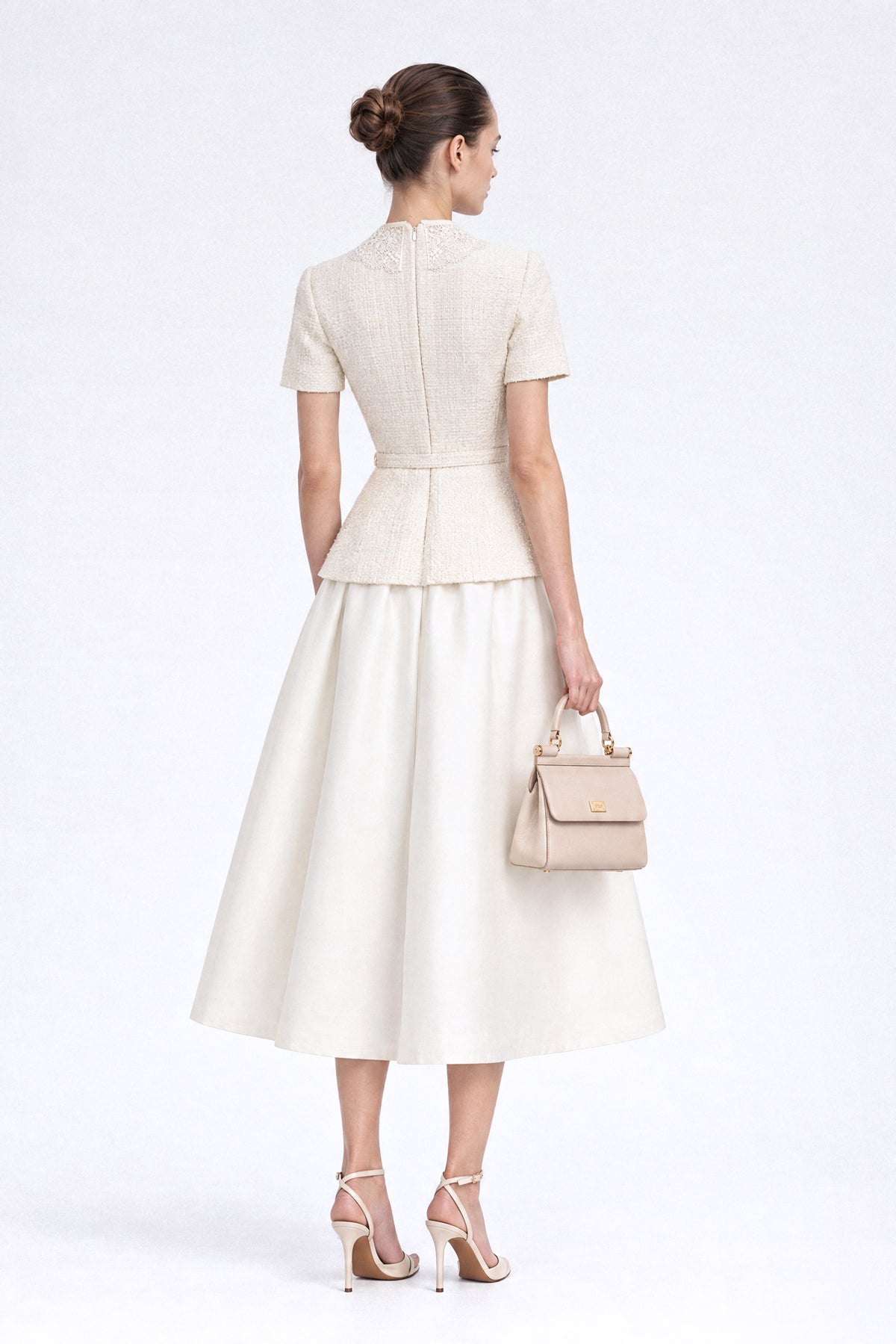 Rochie midi tweed peplum cu guler din dantelă - Ivoire 