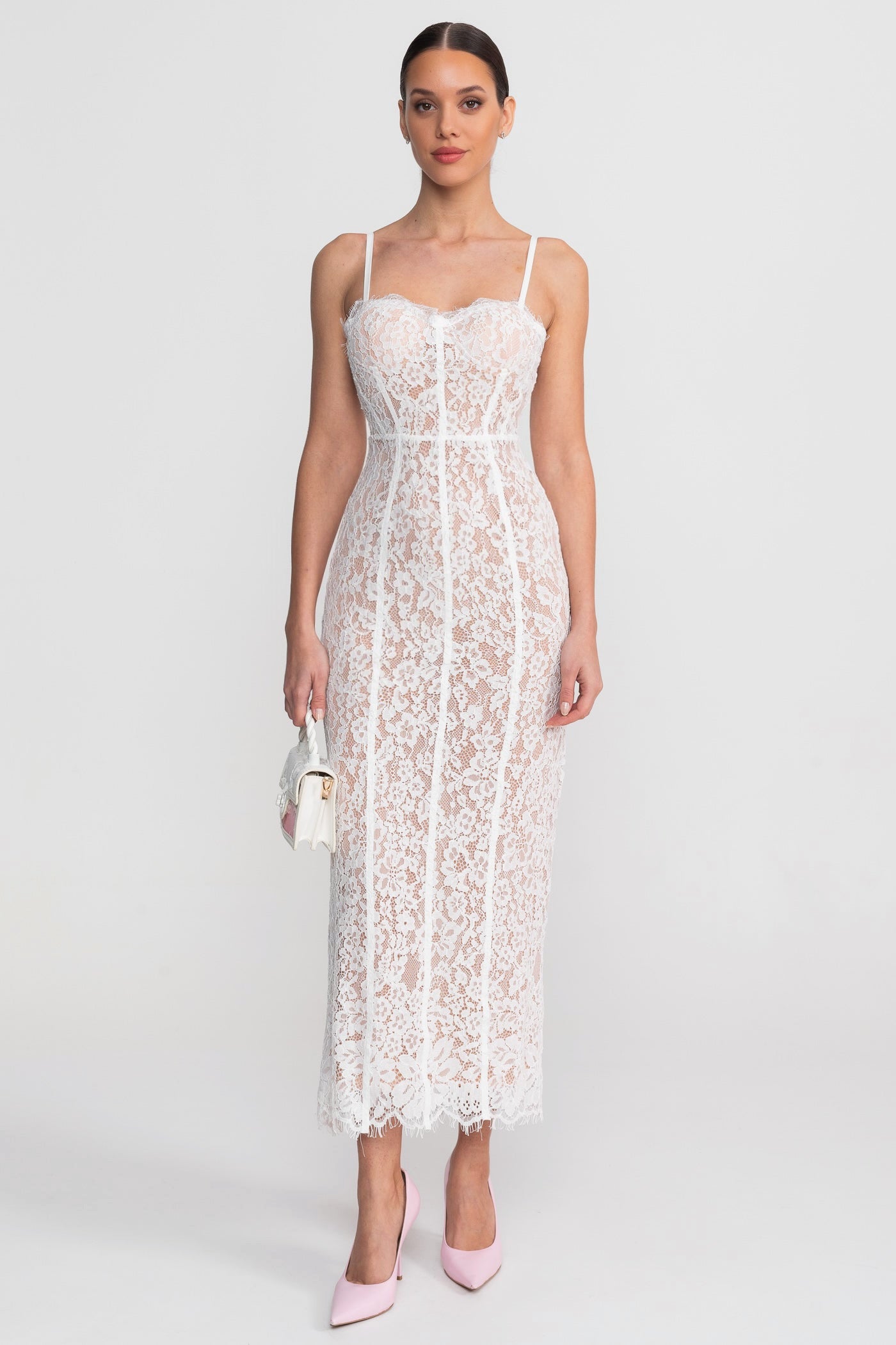 Lace Midi Dress With Sheer Corset Bodice - White