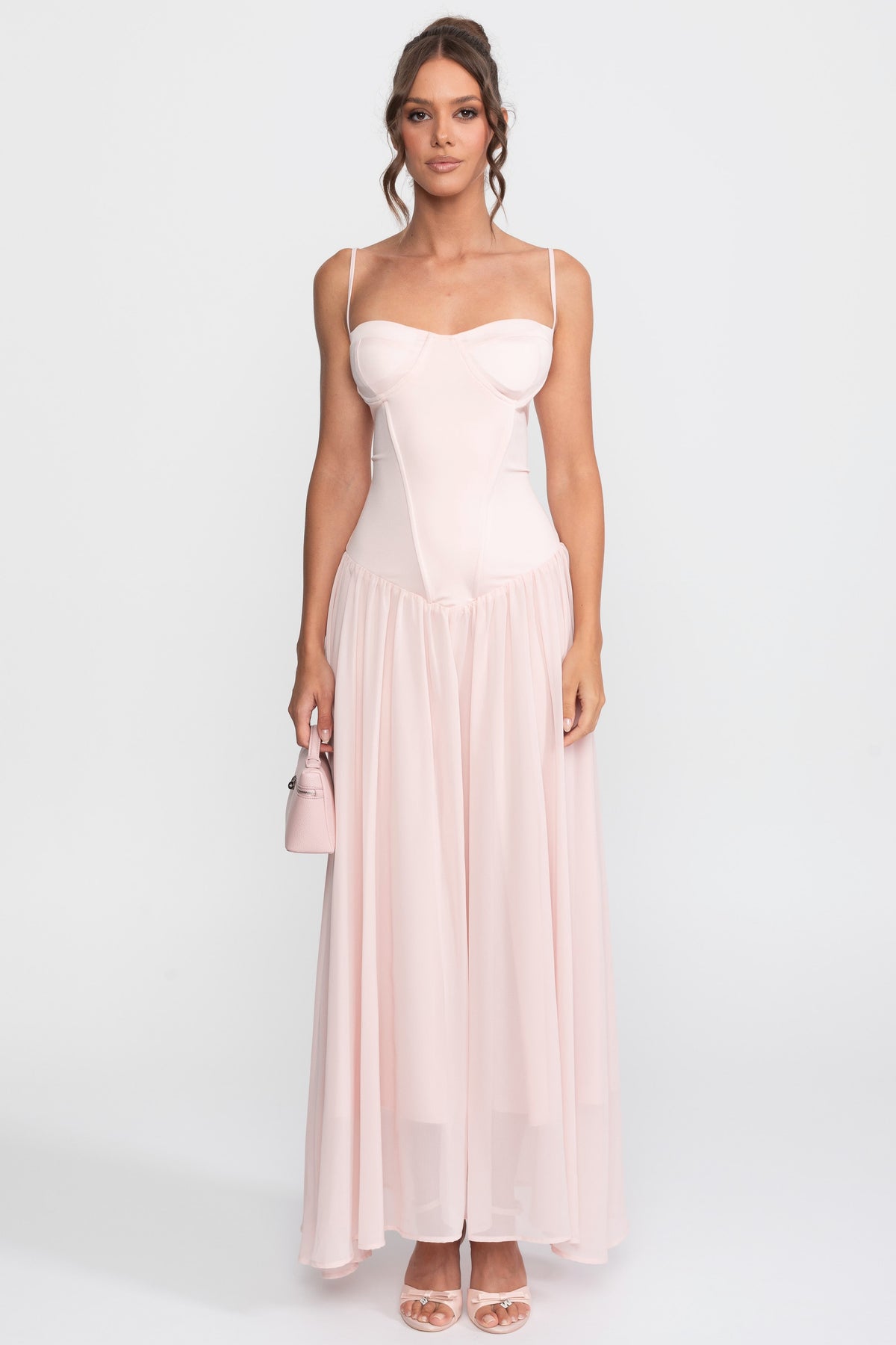 Rochie din șifon cu corset și talie coborâtă - roz 