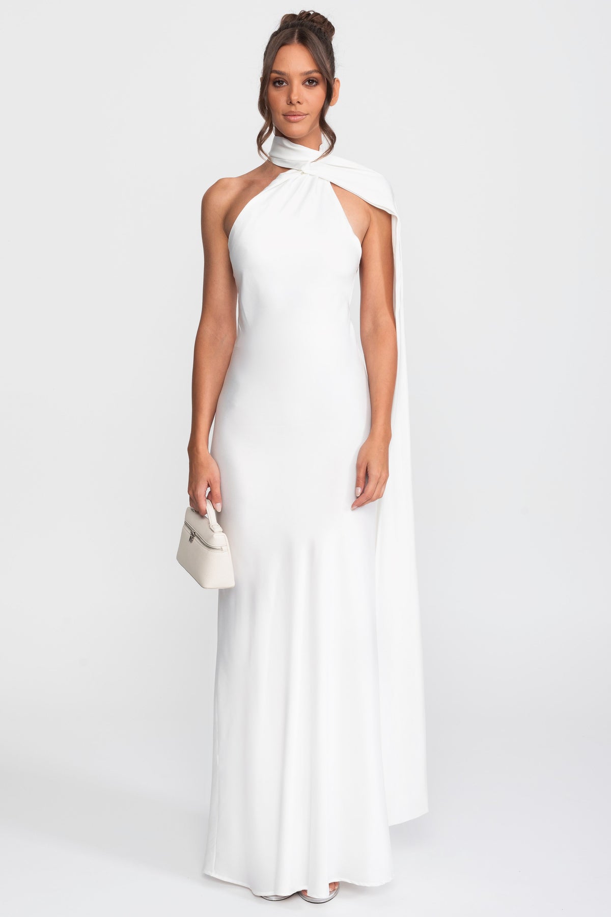 Rochie slip din satin cu halter răsucit și decolteu asimetric - Alb 