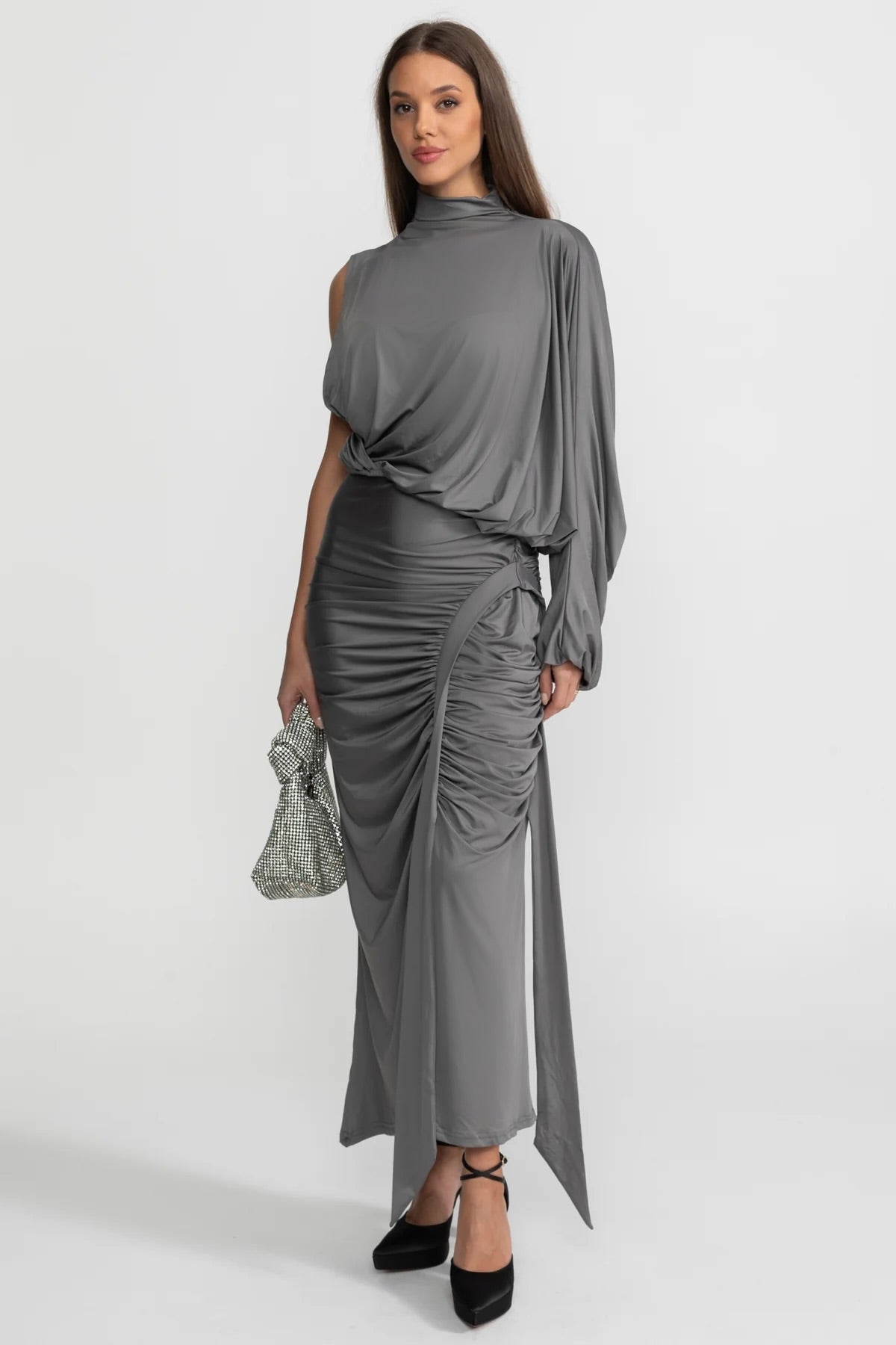 Draped Asymmetric Top and Ruched Maxi Skirt Co-Ord Set – Steel Grey