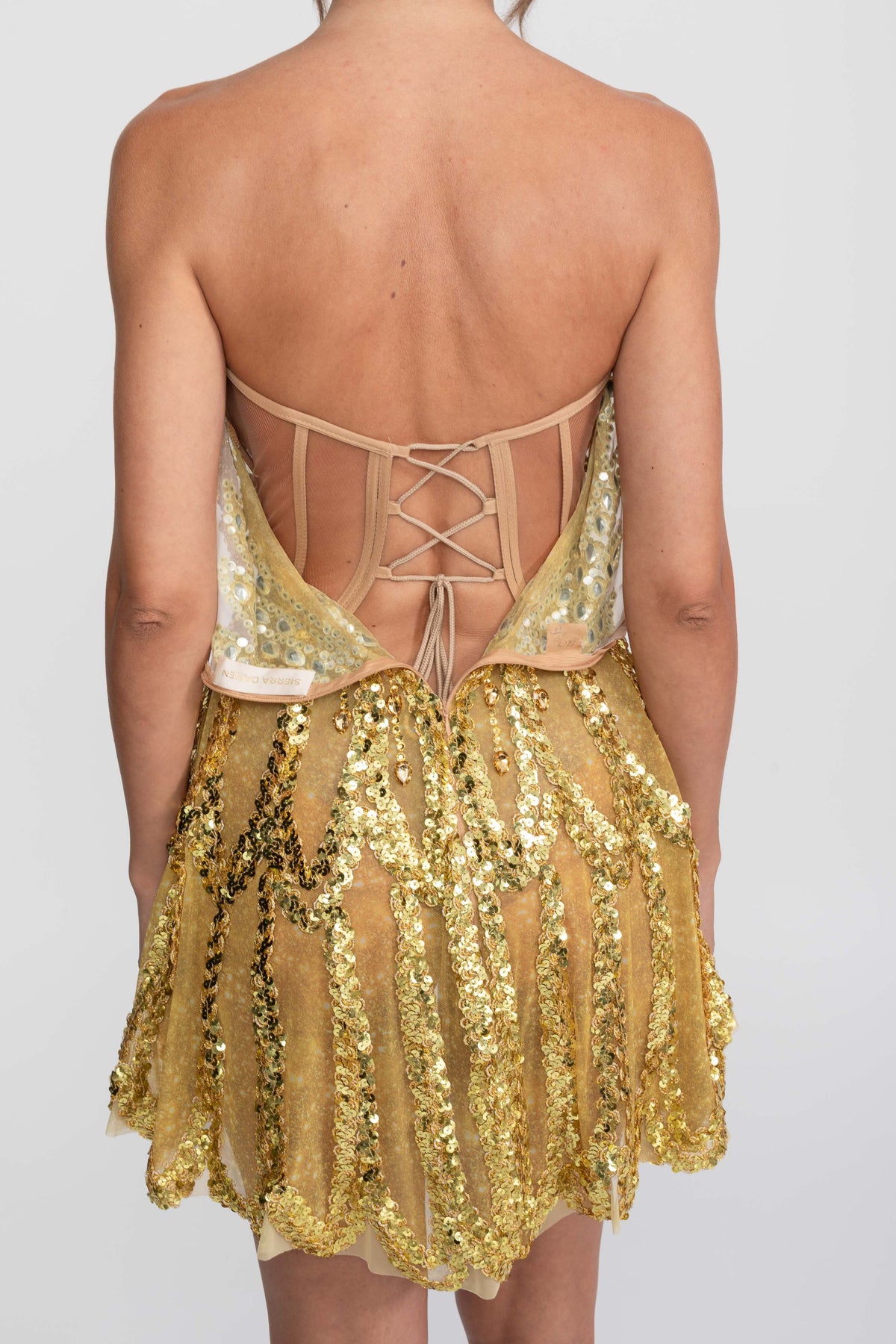 Jeweled Fit-and-Flare Mini Dress With Sweetheart Neckline  - Gold