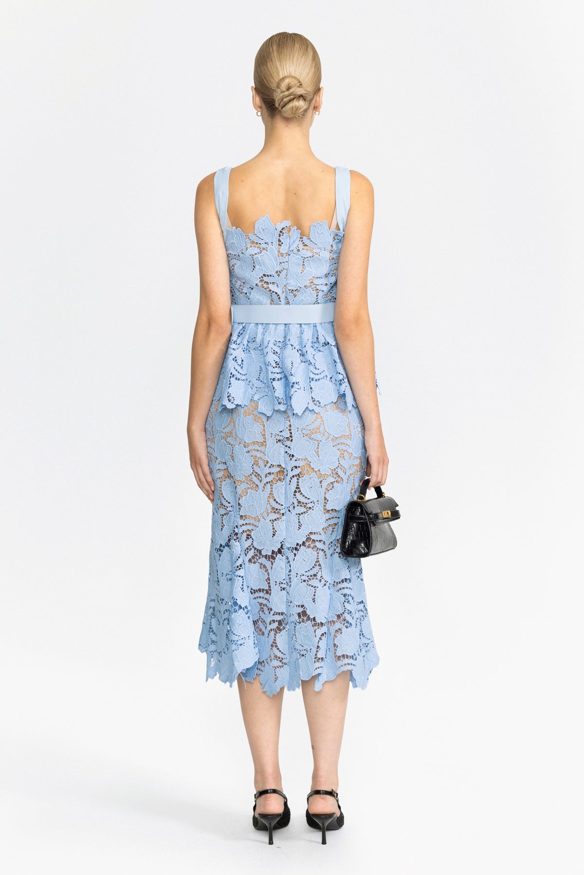 Set cu top peplum din dantelă guipure și fustă midi - bleu deschis 